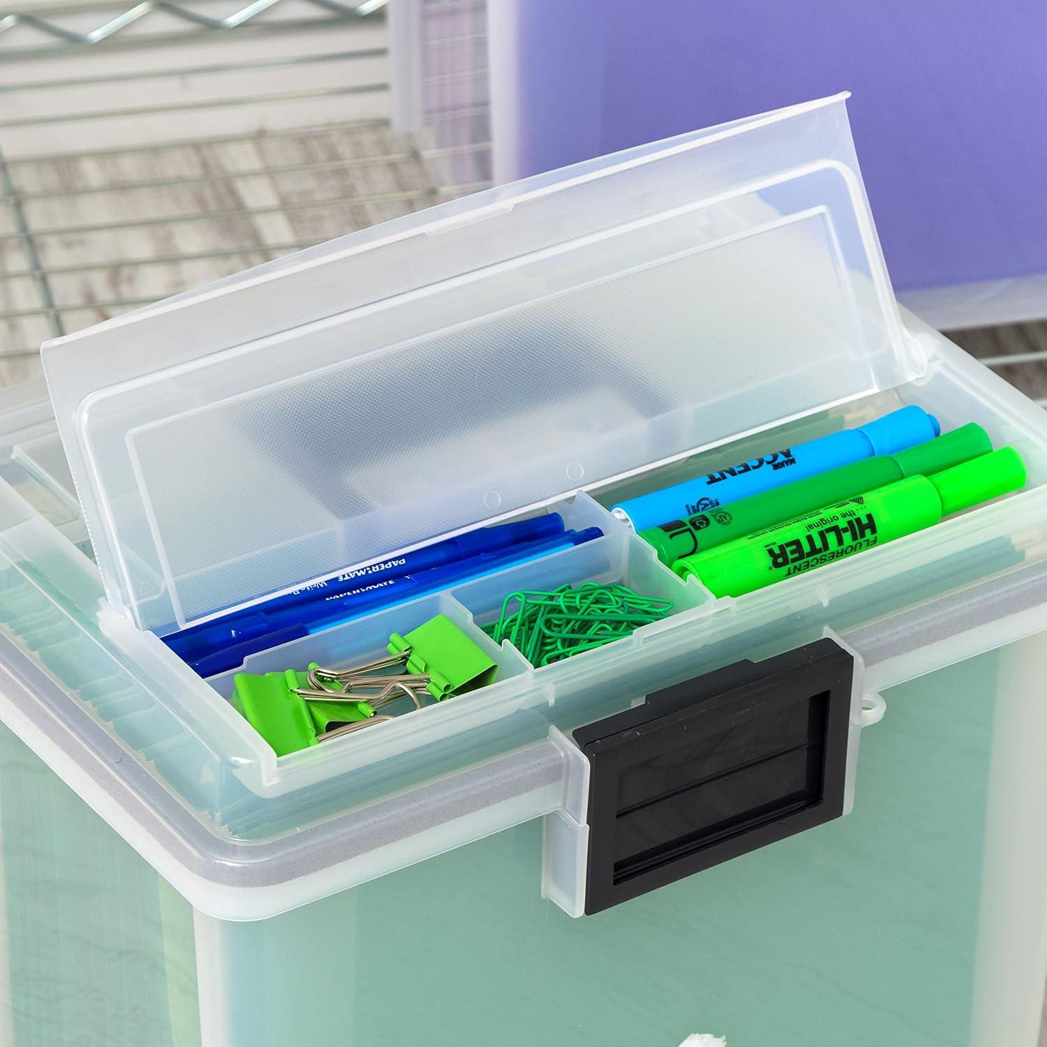 IRIS USA File Box WeatherPro Portable File Organizer Plastic File Box for Letter File w/ Organizer-Lid, Clear 19 Qt. 4 Pack