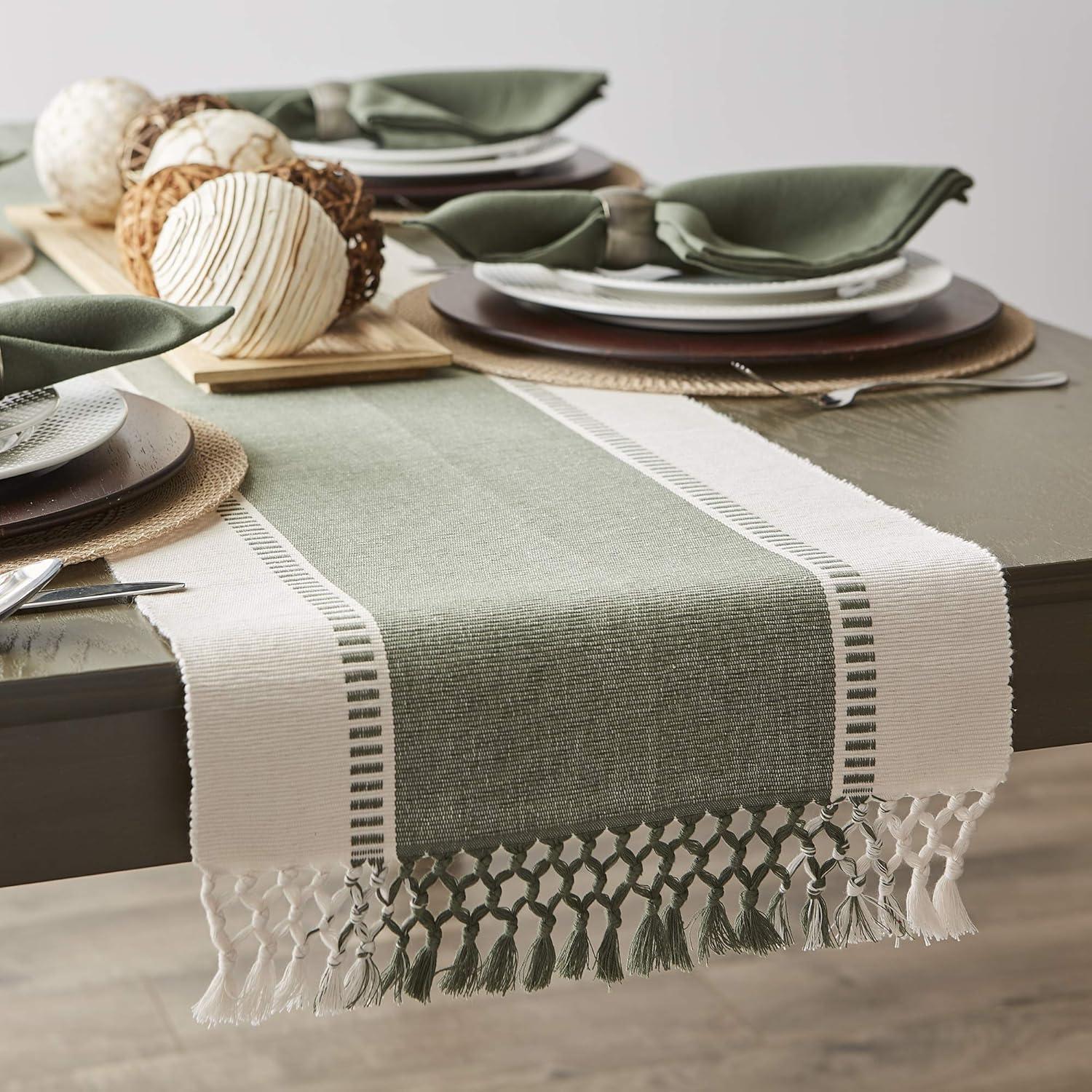 Design Imports Ribbed Dobby Stripe Table Runner, Artichoke Green, 13X108"