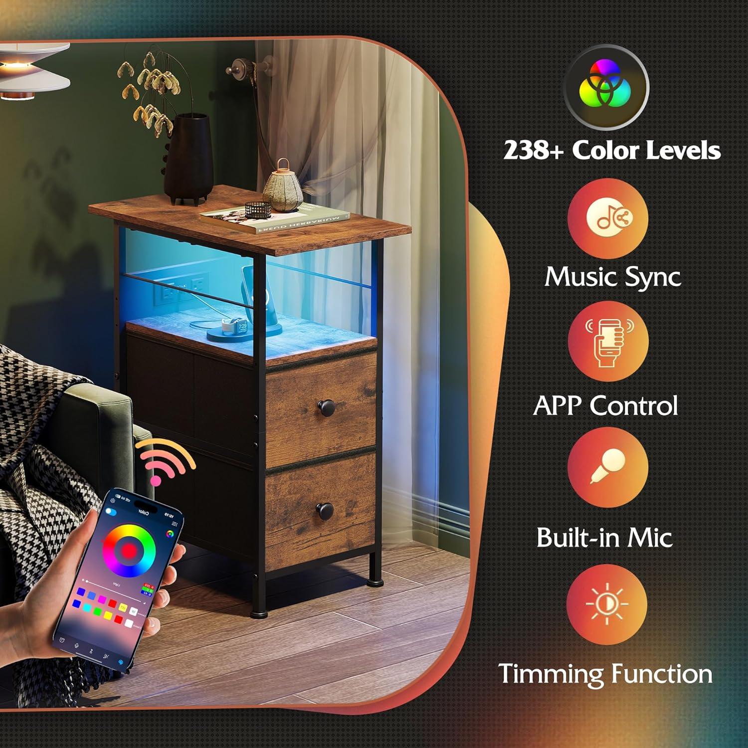 WLIVE Night Stand Set of 2 with Charging Station, LED Nightstand Sets with 2 Fabric Drawers and Storage Shelf, Small Bedside Tables for Small Spaces, Dresser for Bedroom, Rustic Brown