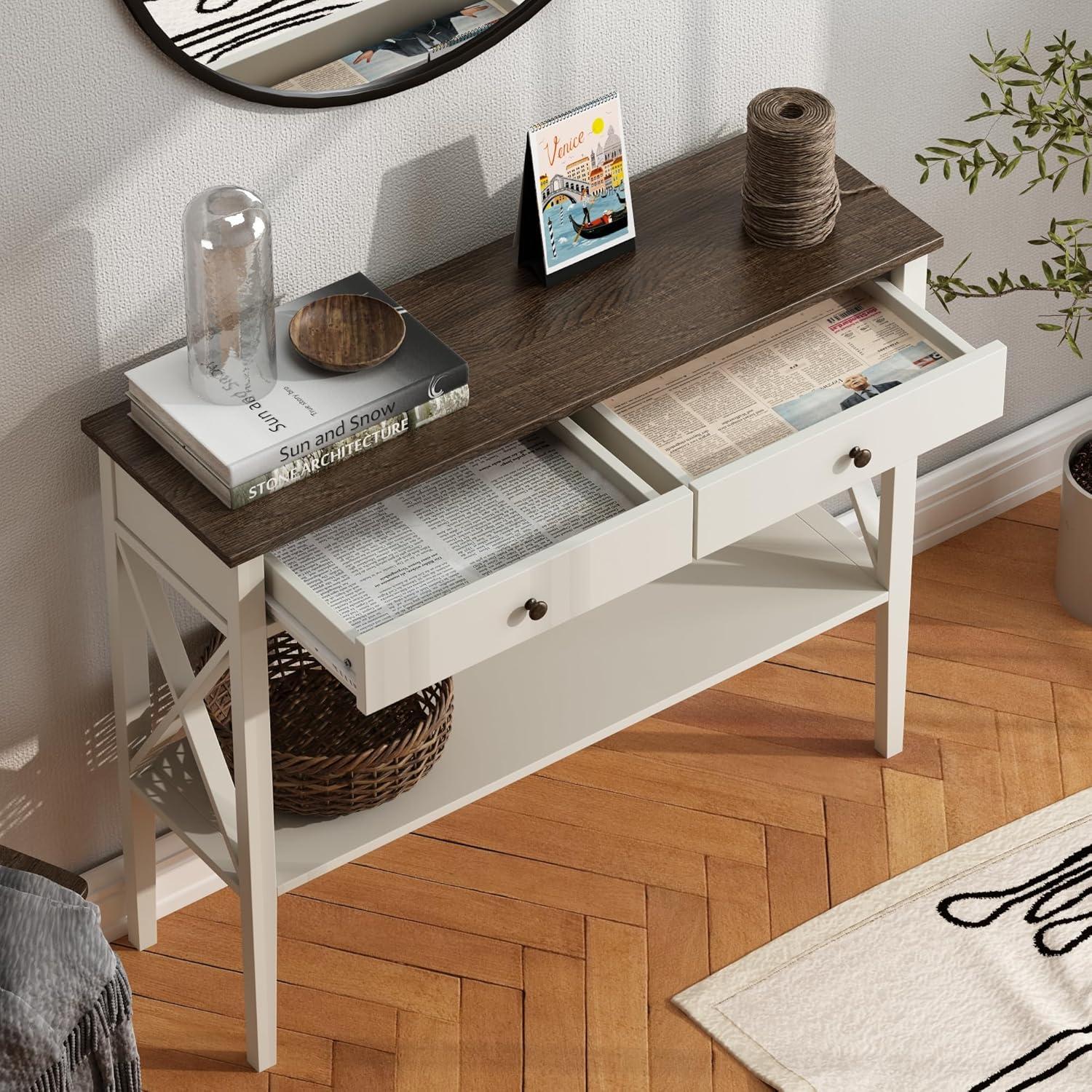 White and Dark Brown Rectangular Console Table with Drawers and Shelf