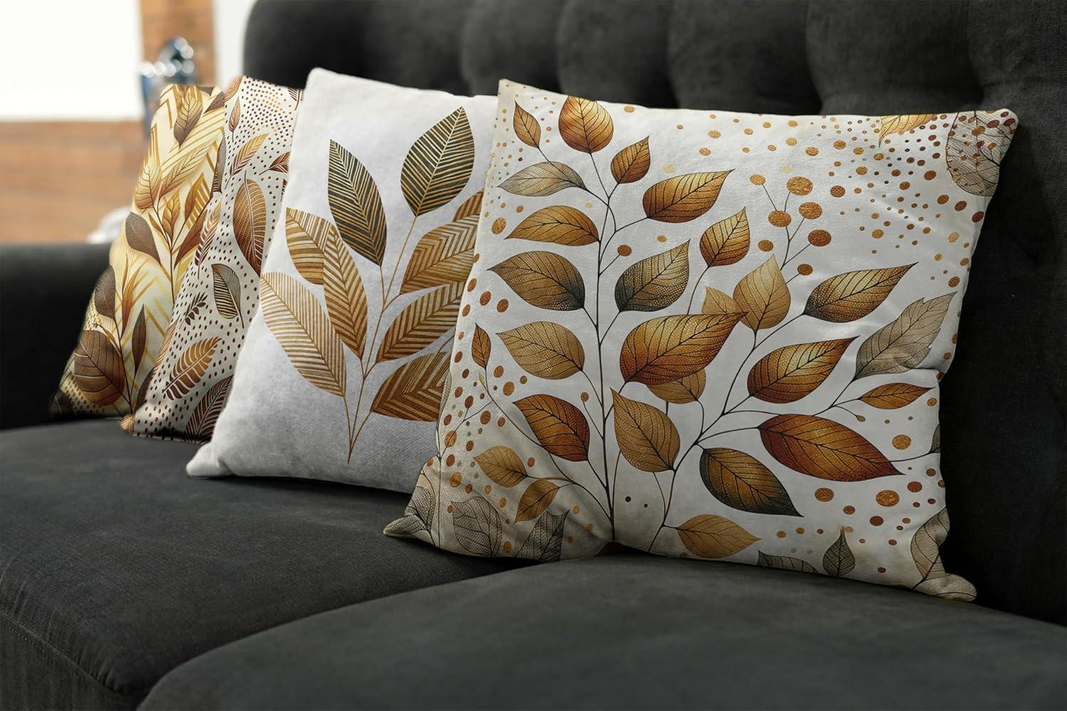 Ambesonne Leaf Print Throw Pillow Cover 4 Pack, Branches in Fall Colors, 16", Ginger Brown and Cream