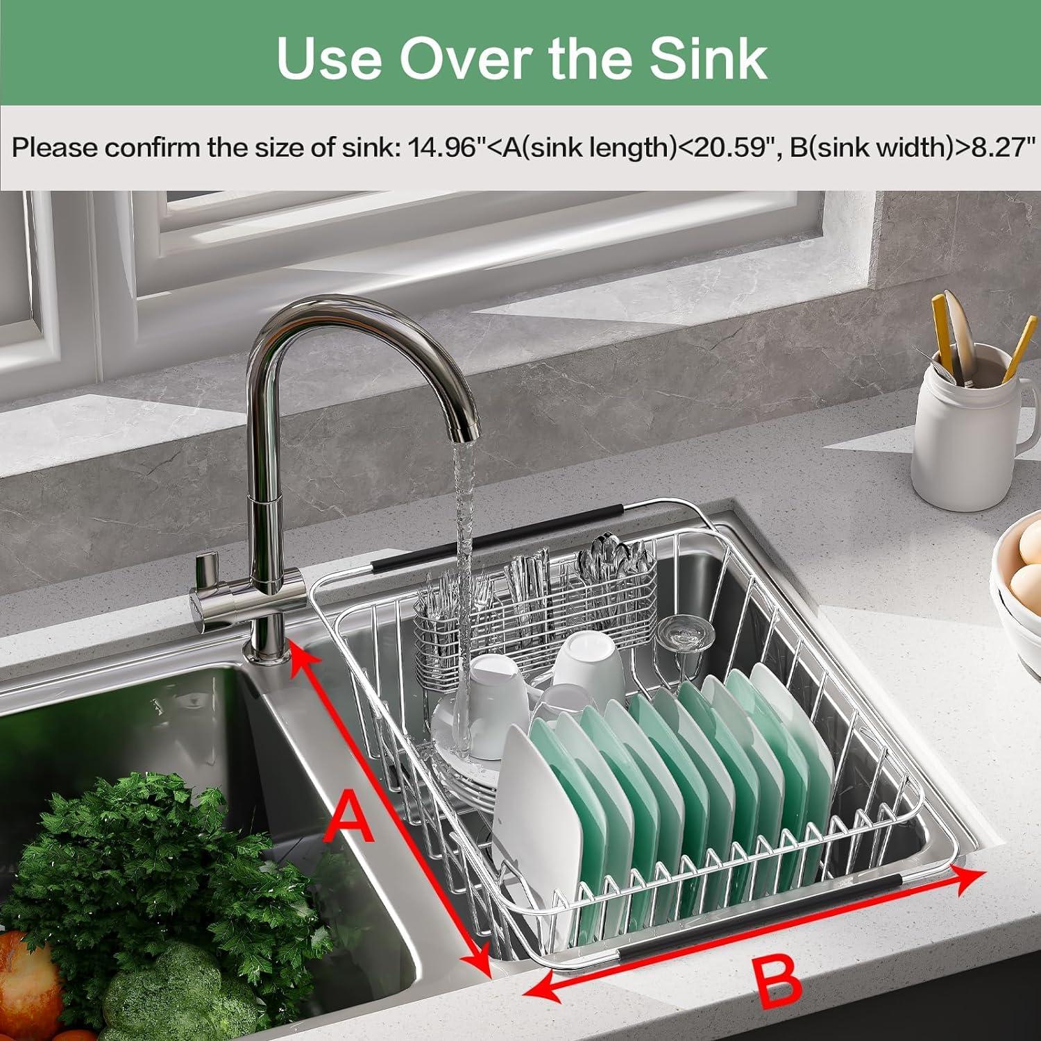 Small Dish Drainer Rack in Sink Adjustable, Expandable Stainless Steel Metal Dish Drying Rack Organizer with Stainless Steel Utensil Holder Over Inside Sink Counter, Rustproof(for 1-2 People)