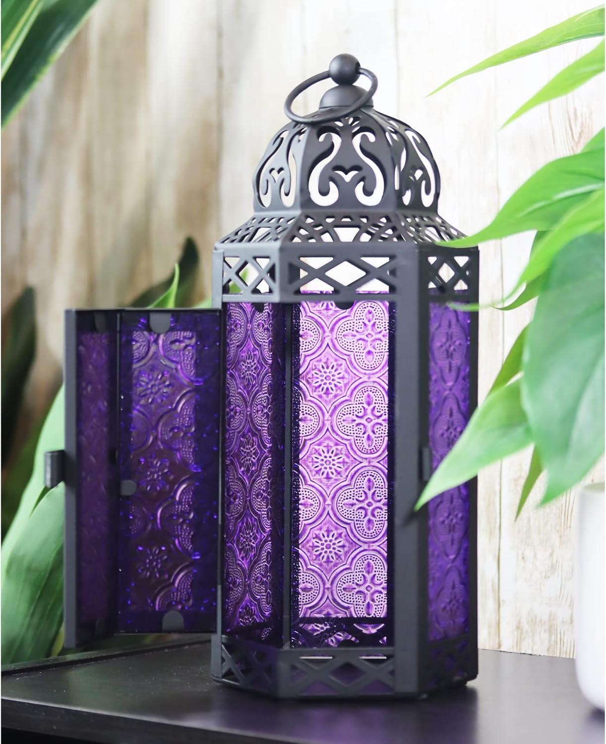 VELA LANTERNS 10.5" Purple Gothic Moroccan Candle Lantern Decorative Candle Holder Lamp for Table or Hanging, Ramadan Decorations, Indoor Home Room Halloween Decor, Outdoor Patio or Porch, Medium