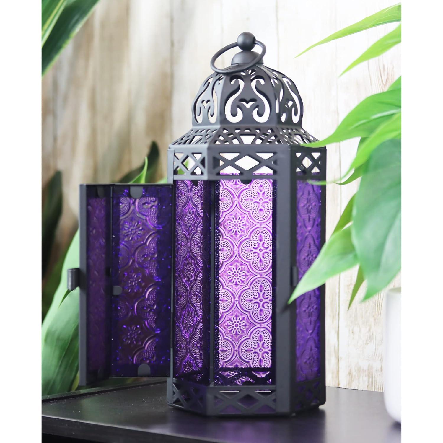 VELA LANTERNS 10.5" Purple Gothic Moroccan Candle Lantern Decorative Candle Holder Lamp for Table or Hanging, Ramadan Decorations, Indoor Home Room Halloween Decor, Outdoor Patio or Porch, Medium