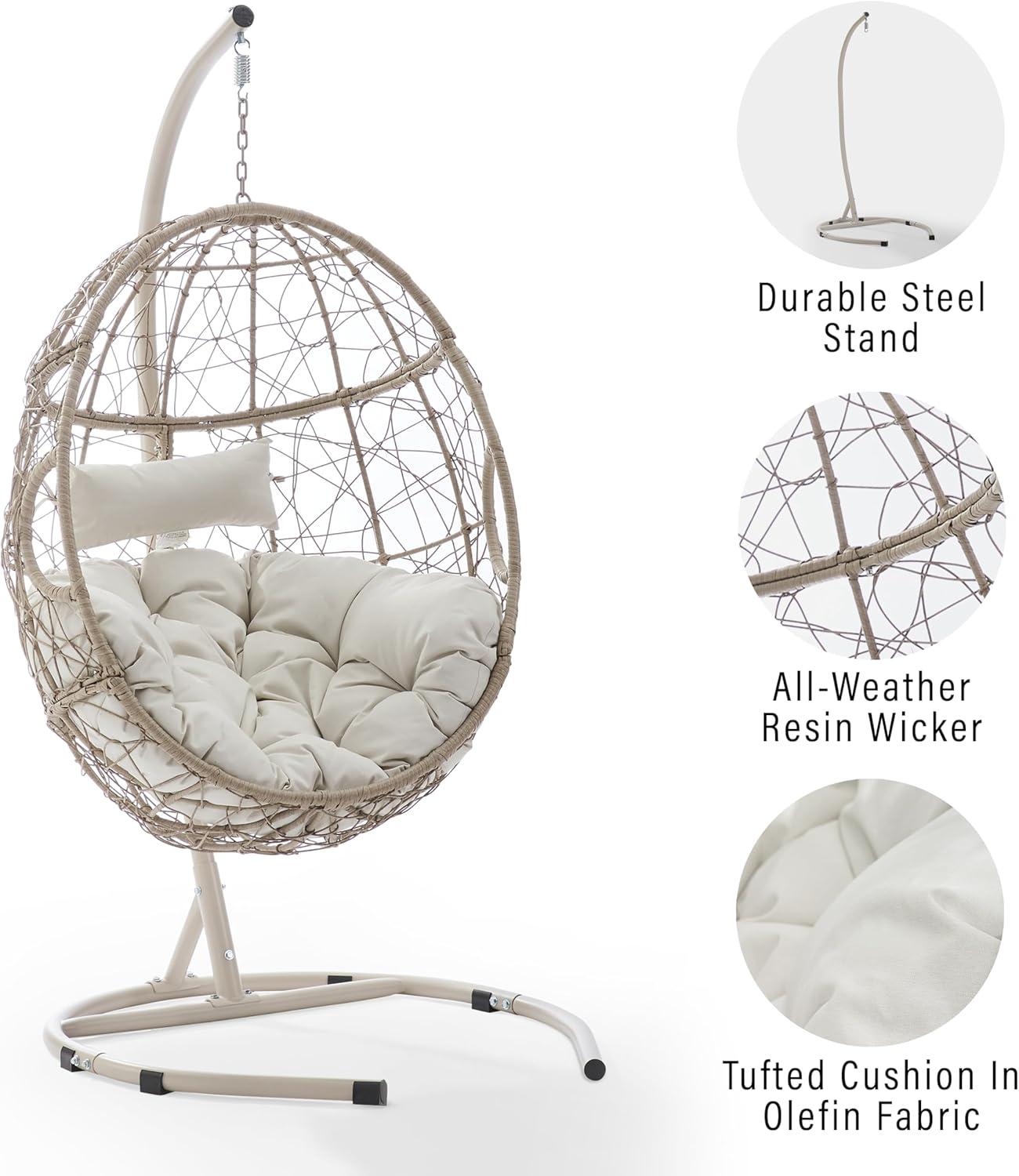 Crosley Furniture Cleo Outdoor Wicker / Rattan Hanging Egg Chair in Light Beige