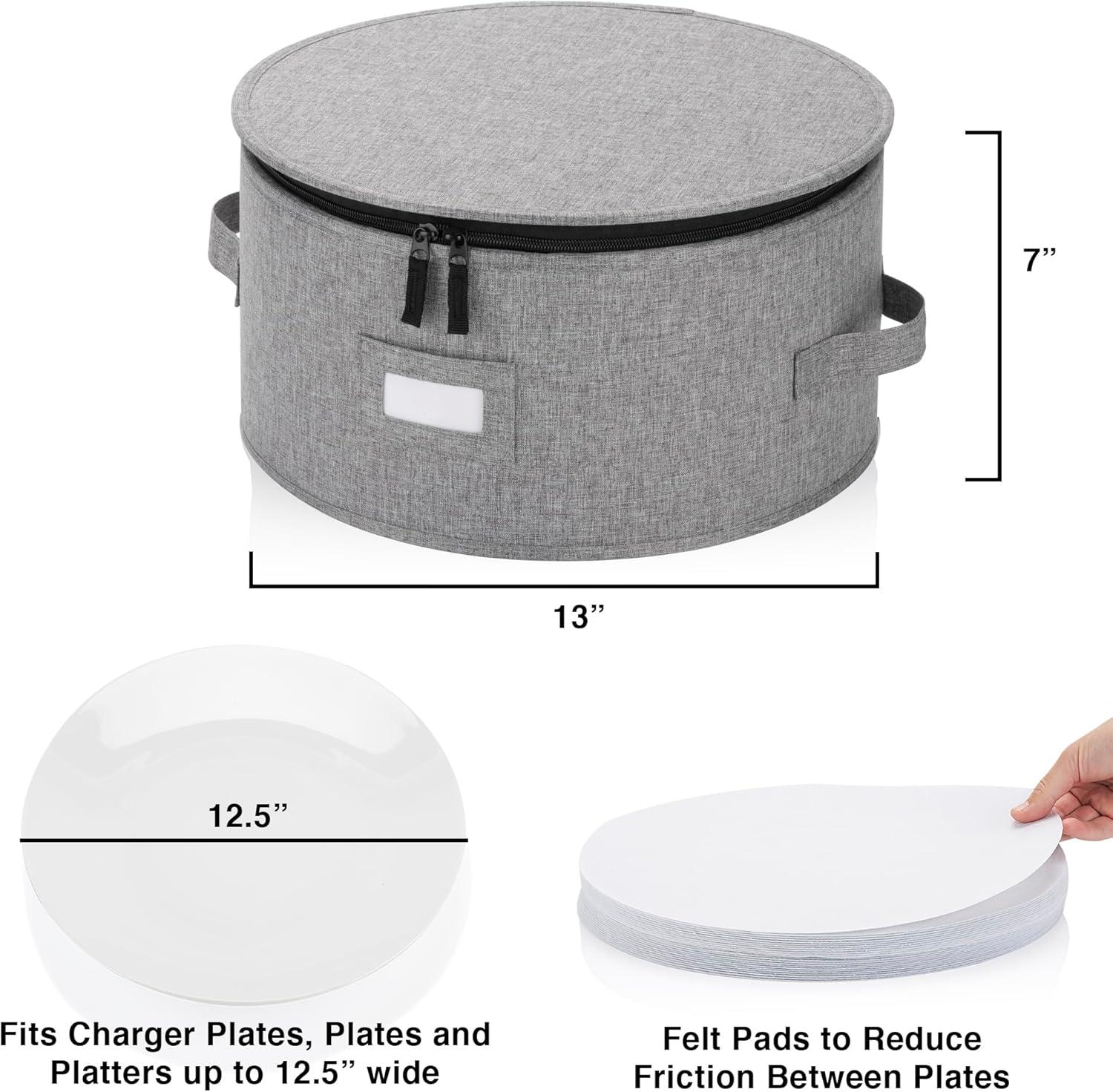 China Storage Container for Charger Plate - 13" W x 7" H - Includes 12 Felt Dividers. Hard Shell and Stackable with Padded Interior. Great for Platters, Big Plates and Serving Dishes up to 12.5" W