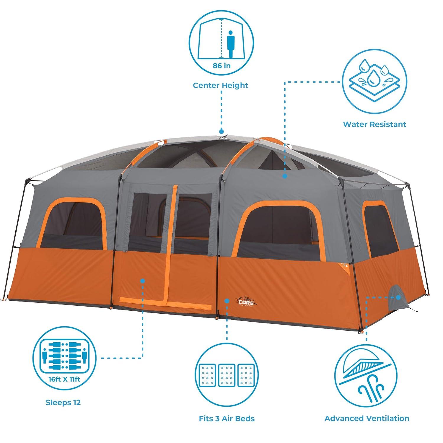 Large Orange and Gray 12-Person 2-Room Cabin Tent with Carry Bag