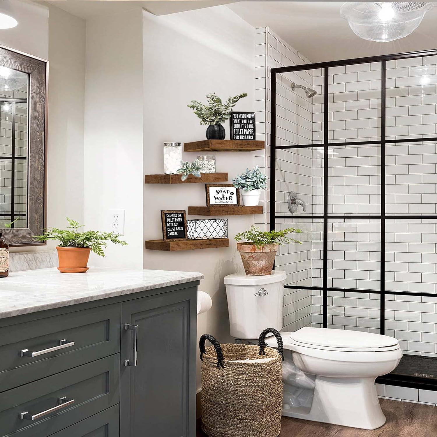 Floating Shelves Bathroom Shelf Bedroom Kitchen Farmhouse Small Book Shelf for Wall 16 inch Set of 4, Rustic Brown (015-BN4)