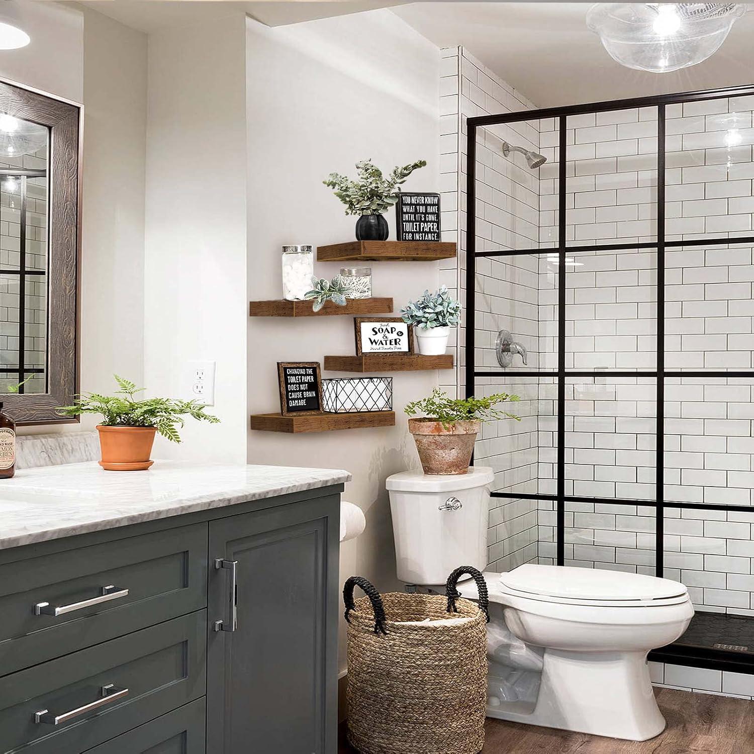 Floating Shelves Bathroom Shelf Bedroom Kitchen Farmhouse Small Book Shelf for Wall 16 inch Set of 4, Rustic Brown (015-BN4)