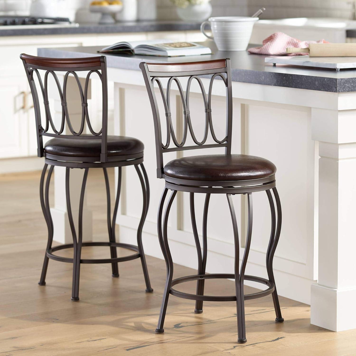 Elm Lane Bronze Metal Swivel Bar Stools Set of 2 Brown 24" High Traditional with Backrest Footrest for Kitchen Counter Island Home