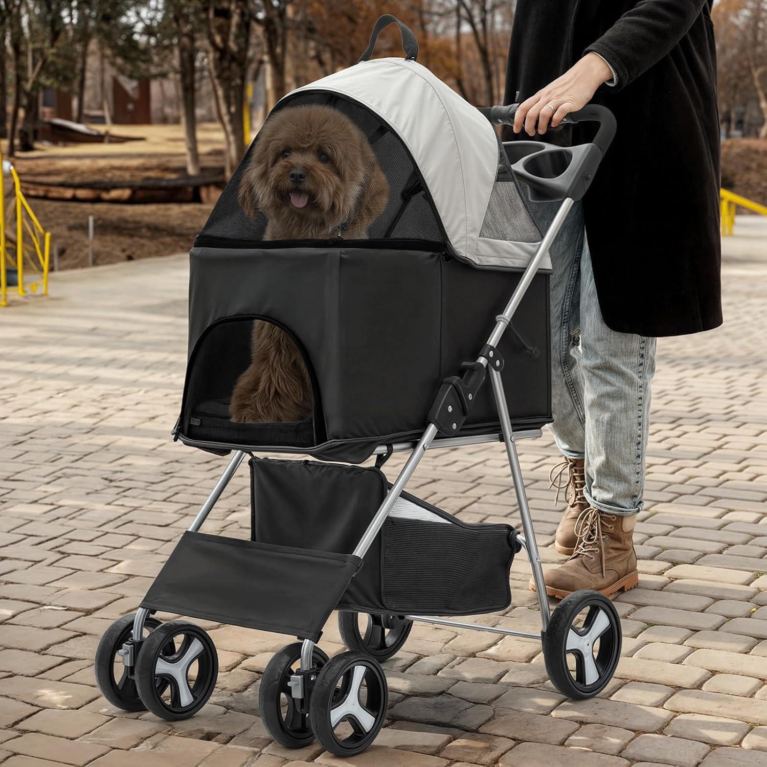 MoNiBloom Folding Pet Stroller, Foldable Dog Jogger Stroller with Detachable Carrier, Basket and Cup Holder