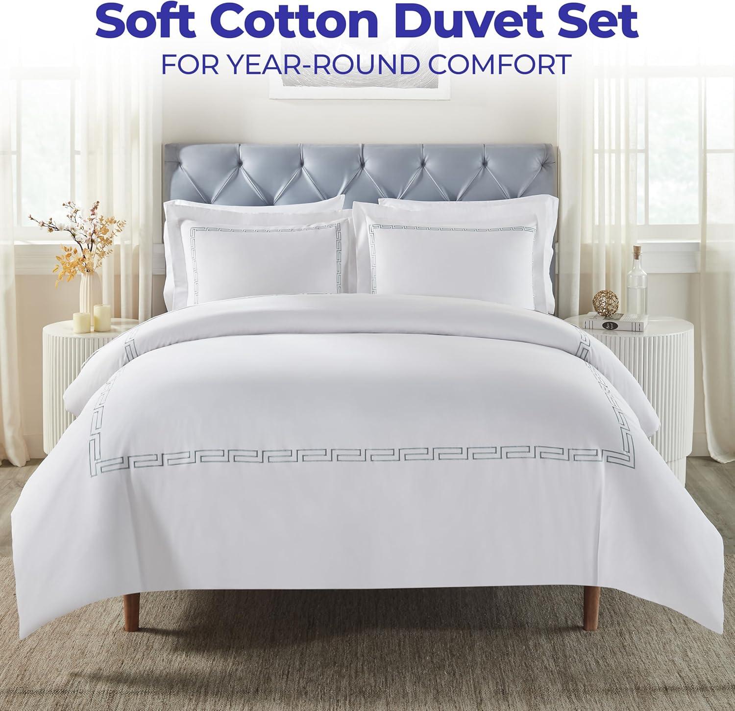 White-Silver Greek Key Embroidered Cotton Duvet Cover Set