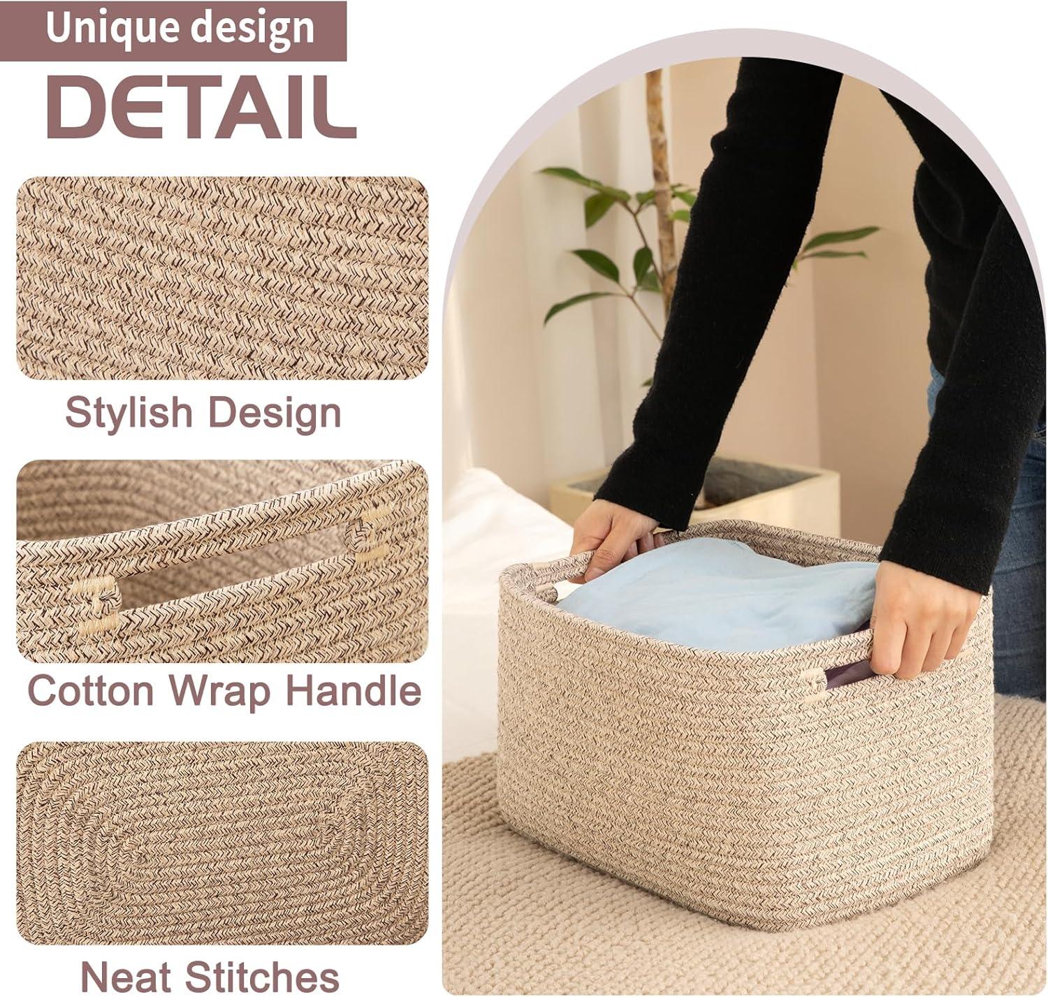 Set of 4 Beige Cotton Rope Rectangular Storage Baskets