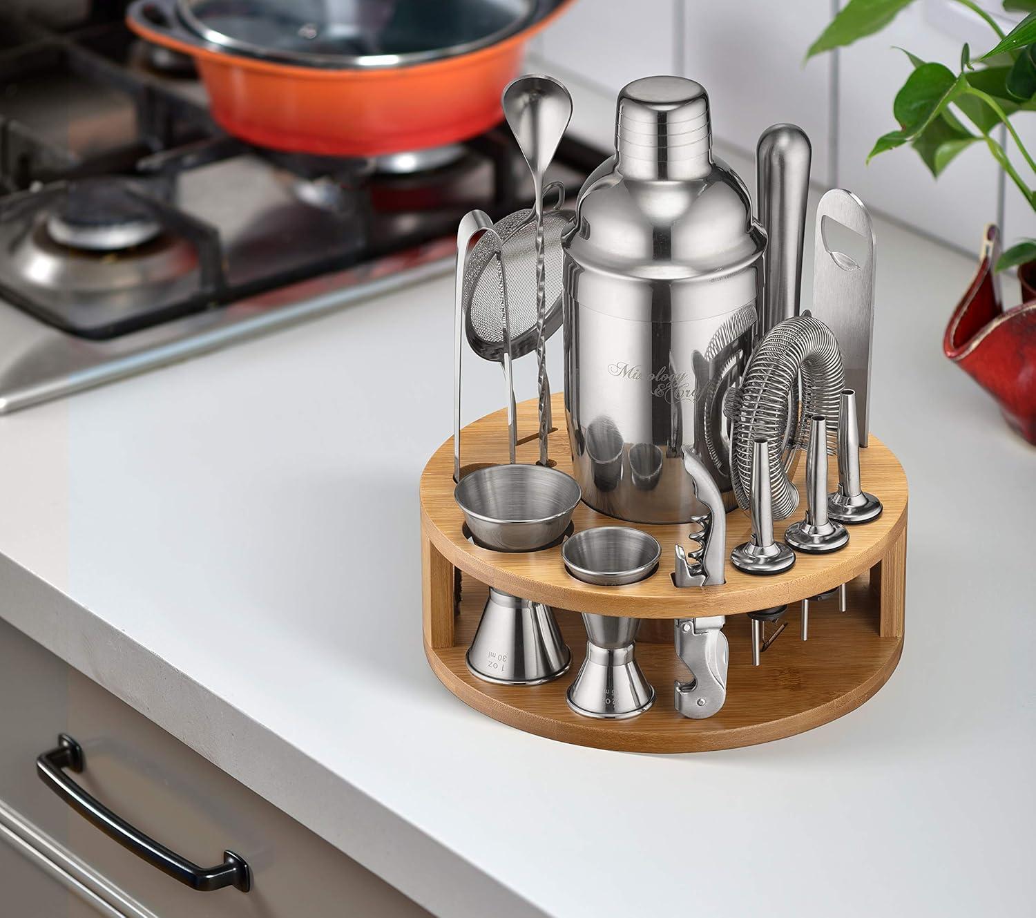 Mixology & Craft Bartender Kit – 15-Piece Cocktail Shaker Set with Bar Tools, Premium Stainless Steel Drink Mixer Accessories for Home Bar, Includes Bamboo Stand, Plus Exclusive Recipe Cards (Silver)