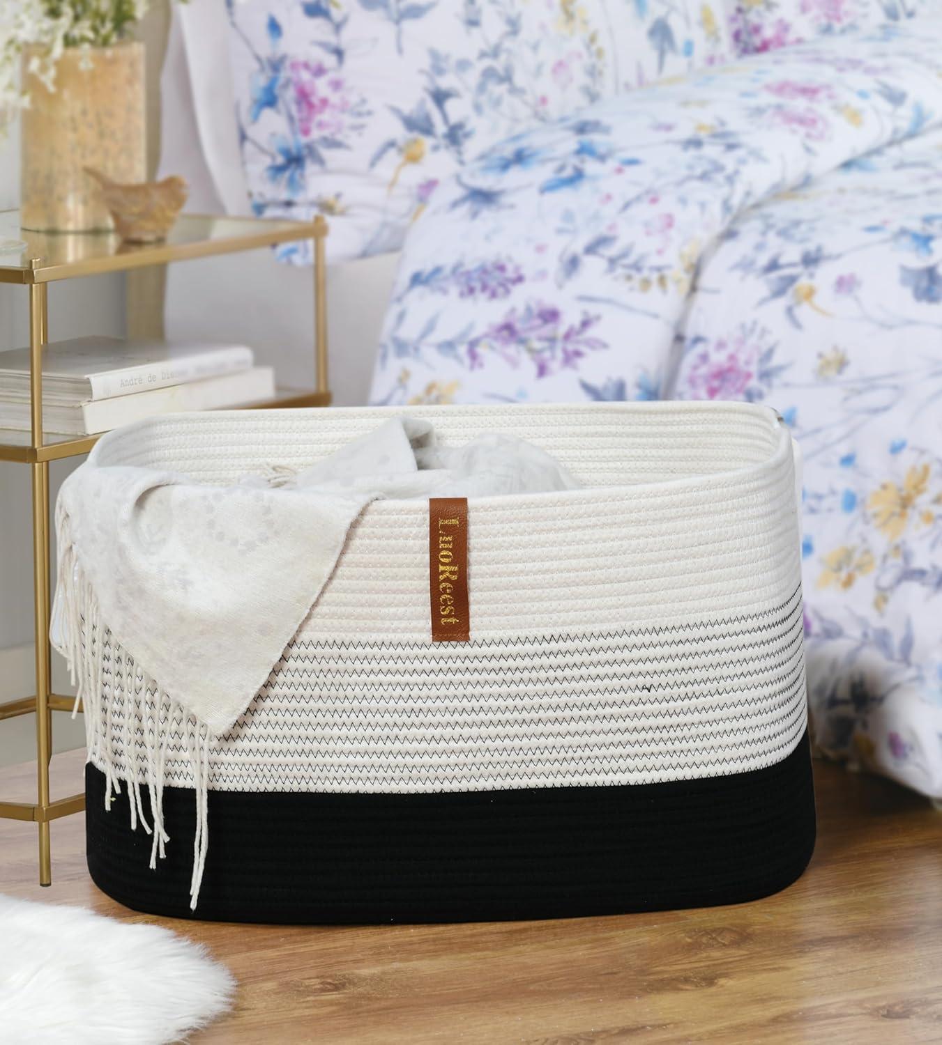 Large Black and White Cotton Rectangular Storage Basket