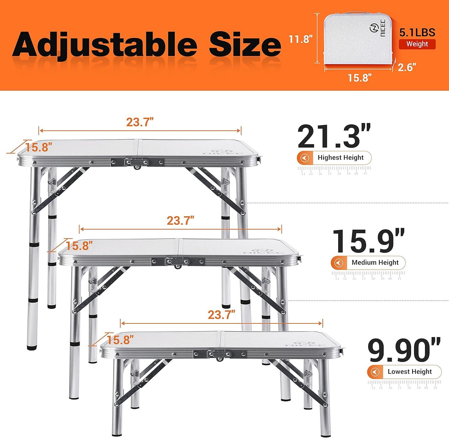 Small Adjustable Height Aluminum Folding Table with Mesh Storage