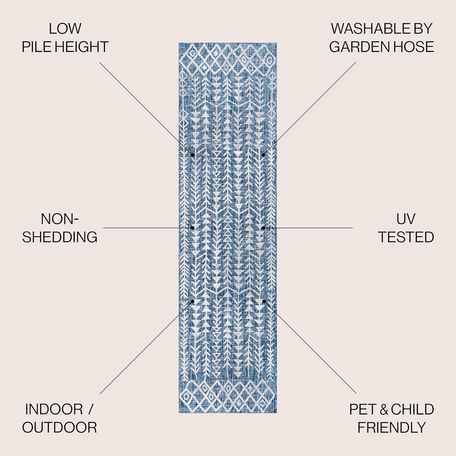 2'x8' Tokay Bohemian Styled Geometric Indoor/Outdoor Runner Rug, Ivory/Blue - JONATHAN Y