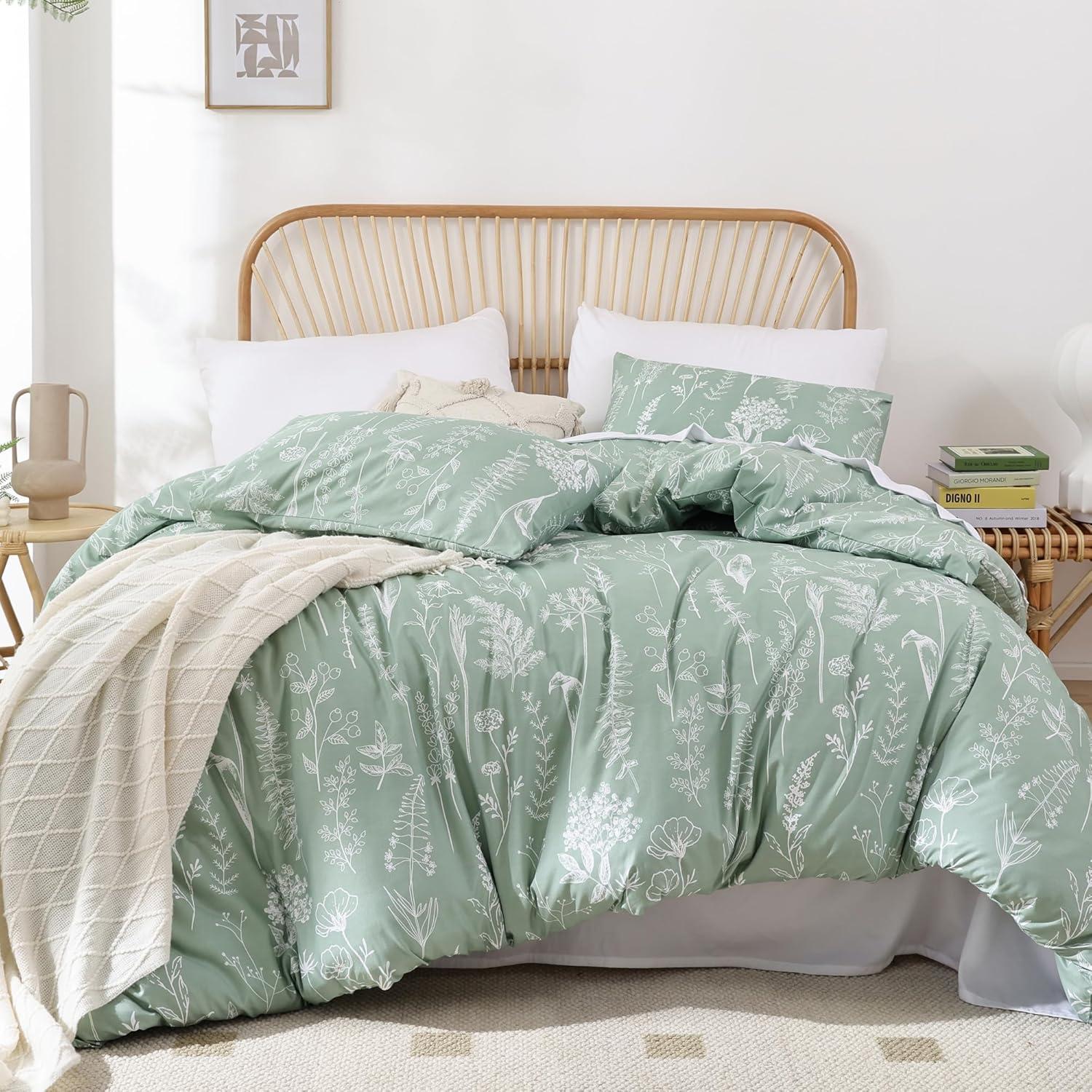 2 Pcs Floral Printed Reversible Sage Green Comforter Set Twin/Twin XL Size Soft Designed Plants Pattern Bedding Set - Bedsure