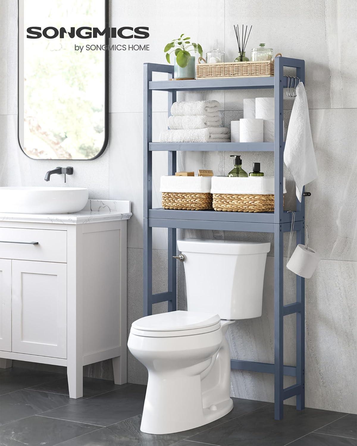 SONGMICS 3-Tier Over The Toilet Storage Bamboo Over Toilet Bathroom Organizer with Adjustable Shelf Grey