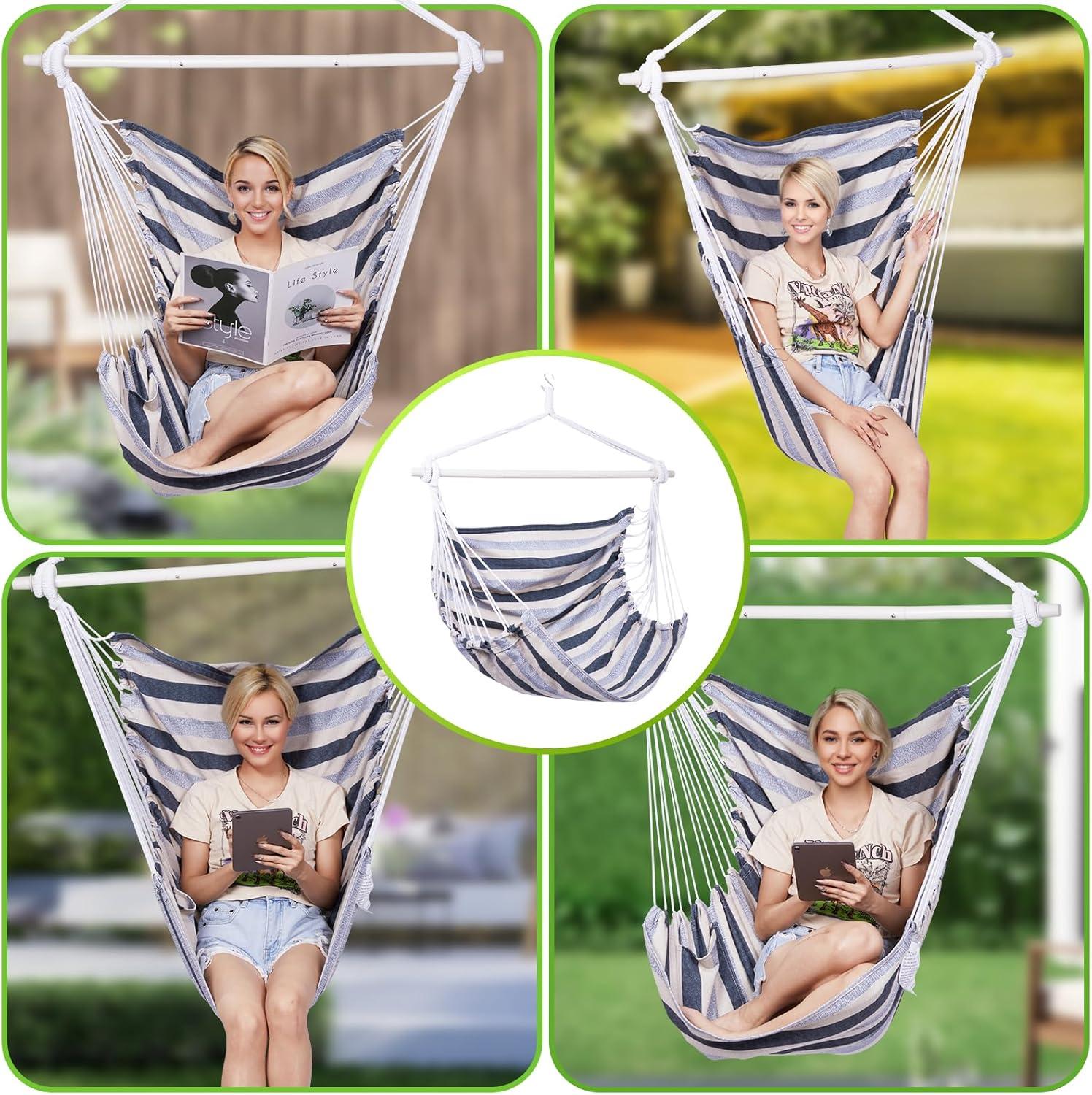 Backyard Expressions Striped Hammock Chair Hanging Rope Swing Chair, Anti Slip Steel Spreader Bar