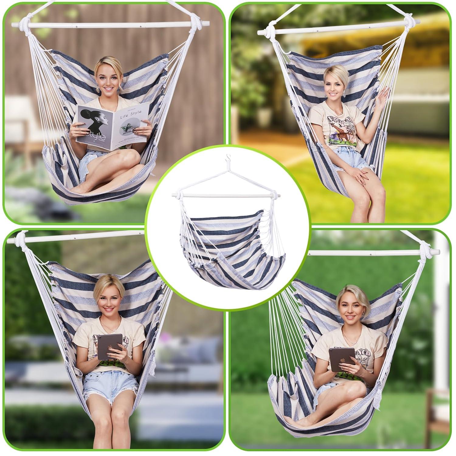 Backyard Expressions Striped Hammock Chair Hanging Rope Swing Chair, Anti Slip Steel Spreader Bar