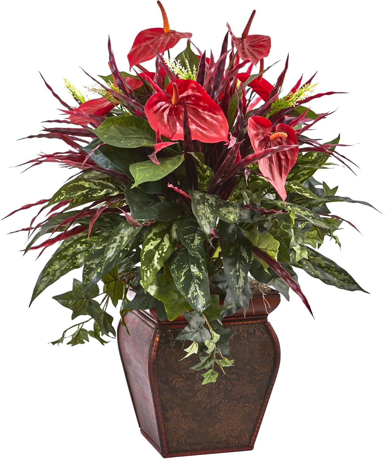 Exotic Anthurium Mixed Plant in Brass Floral Planter - 26" Centerpiece