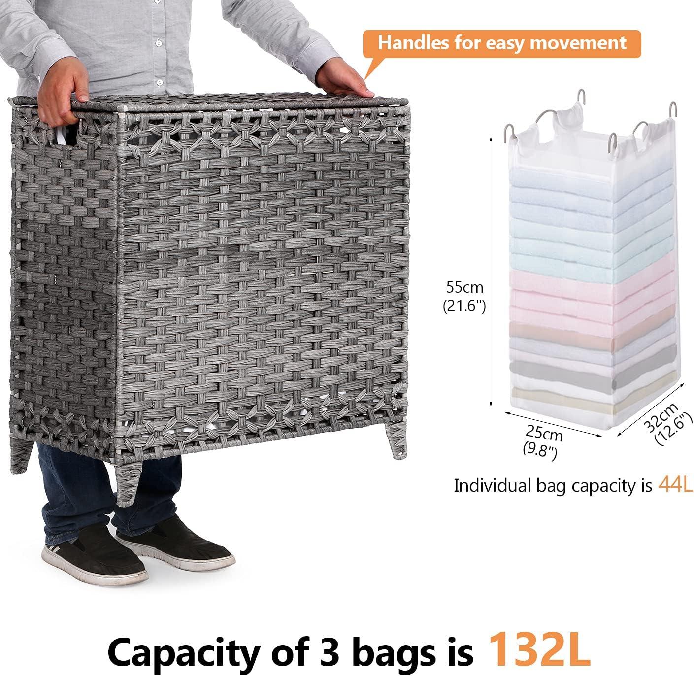 Gray Wicker Laundry Hamper with Removable Liner Bags