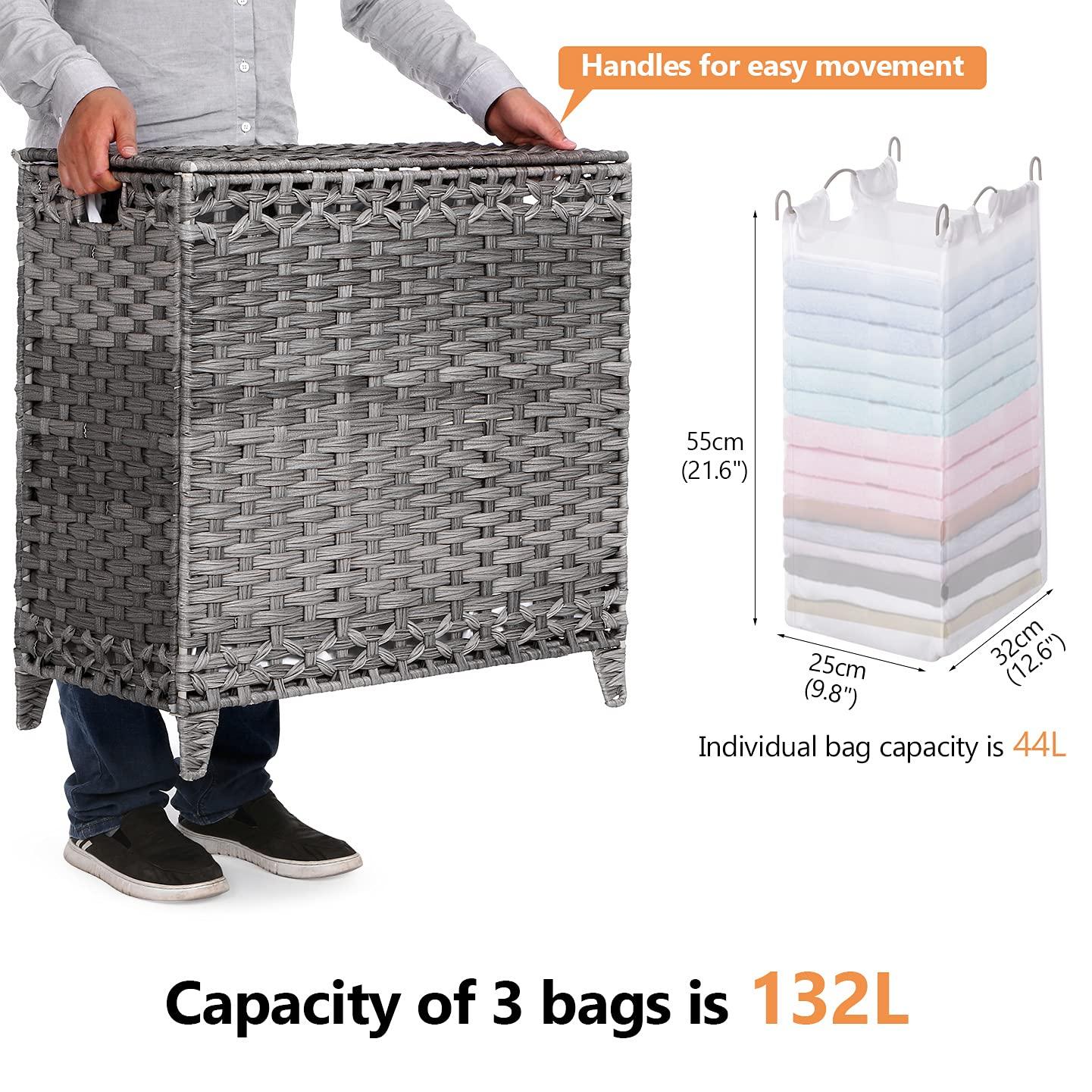 Laundry Hamper with 3 Removable Liner Bags; 132L Handwoven Rattan Laundry Basket with Lid & Heightened Feet; Clothes Hamper with Side Handles; Laundry Sorter with 3 Separate Sections (Gray)