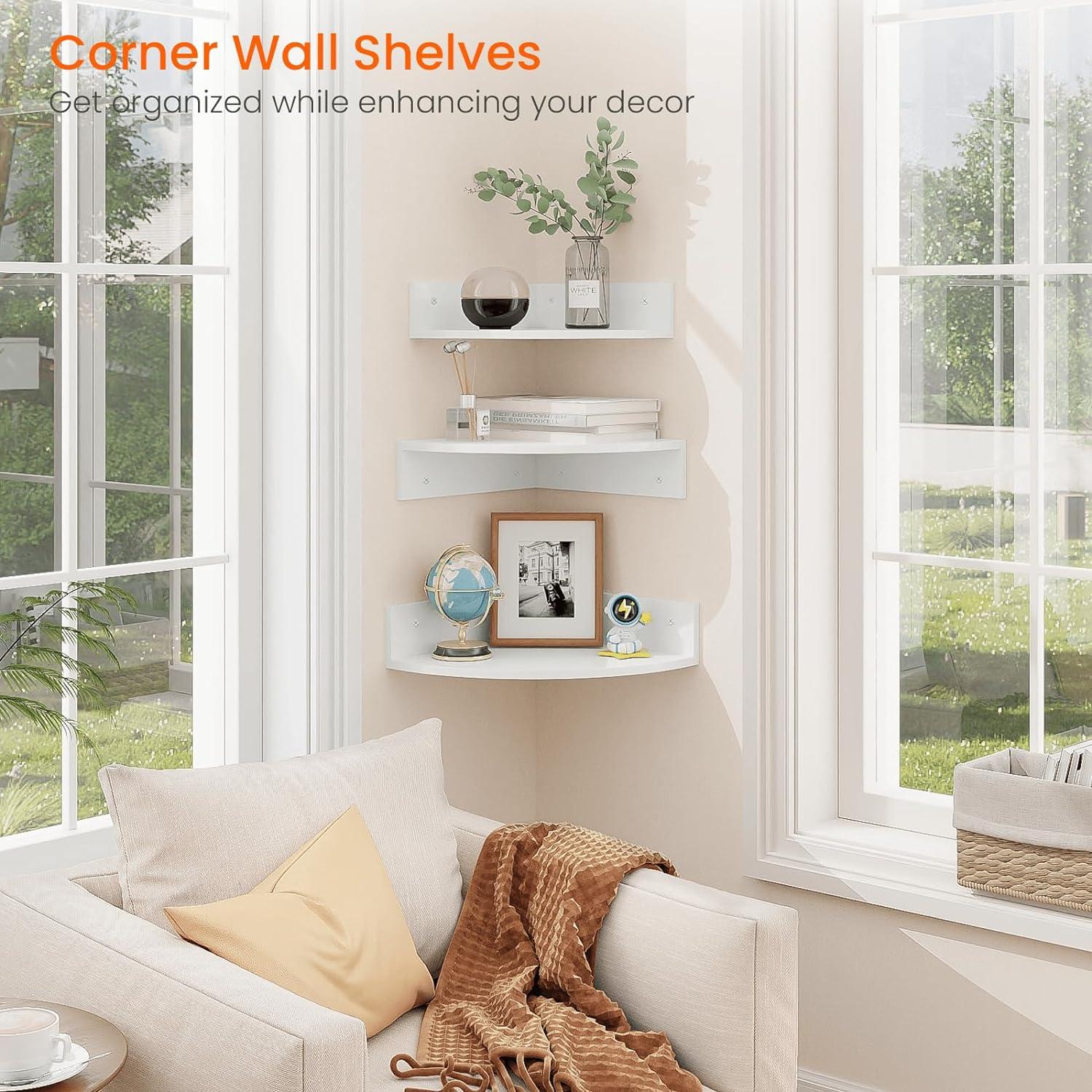 White Wood 3-Tier Floating Corner Shelves