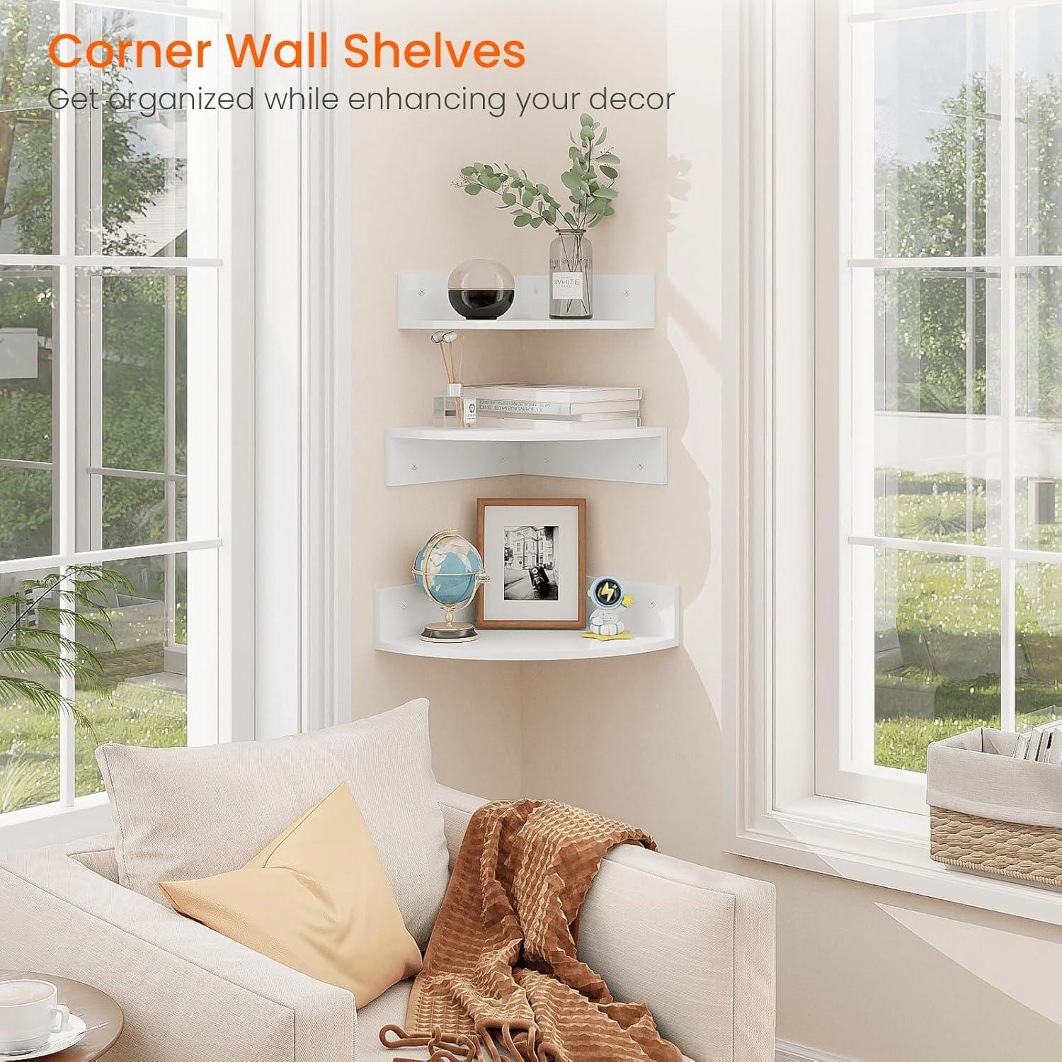 Homode Floating Corner Shelves, Set of 3 Wood Corner Wall Shelves with Wire Hole, 12 Inch Deep Hanging Corner Display Shelf for Living Room, Kitchen, Bedroom, White