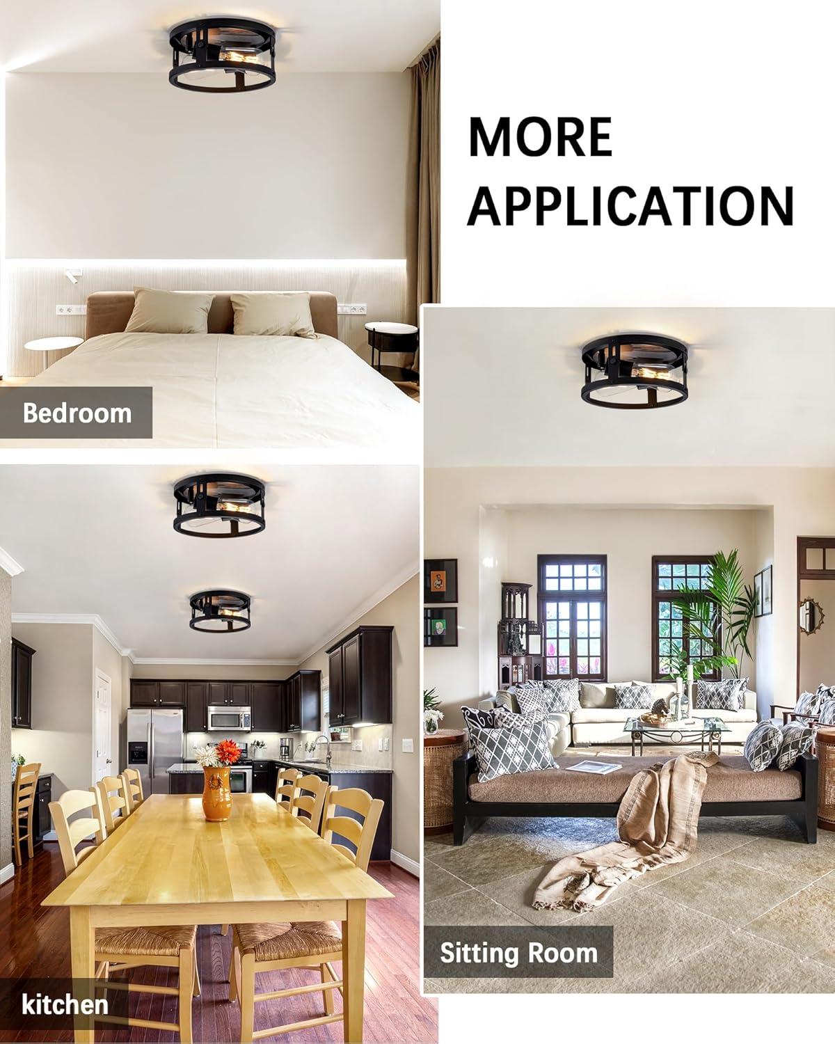 2 Pack Black Farmhouse Flush Mount Ceiling Light,2-Light Rustic Hallway Lighting Fixtures,Industrial Light Fixtures Ceiling Mount for Kitchen Hall Entry Bedroom Closet