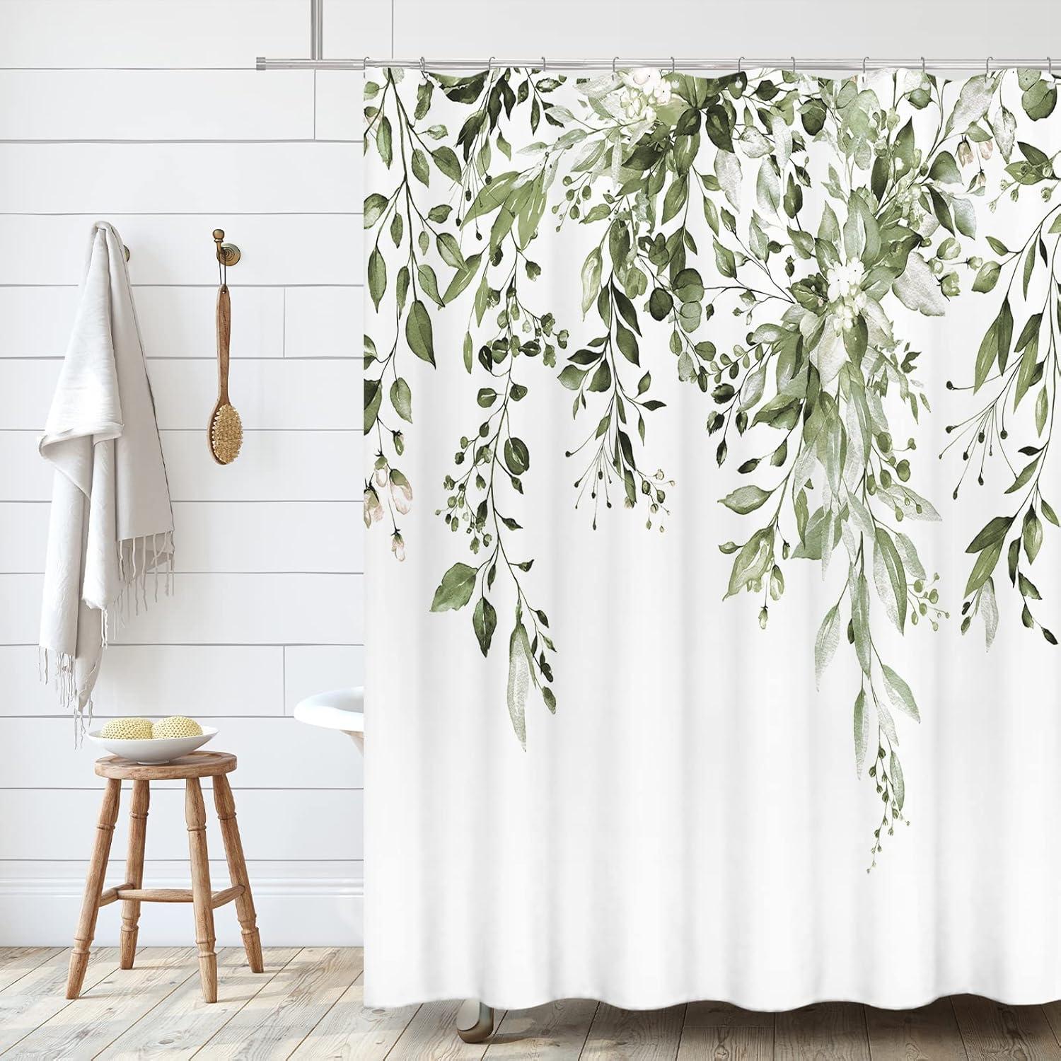 Eucalyptus Watercolor Leaves Semi-Sheer Waterproof Shower Curtain