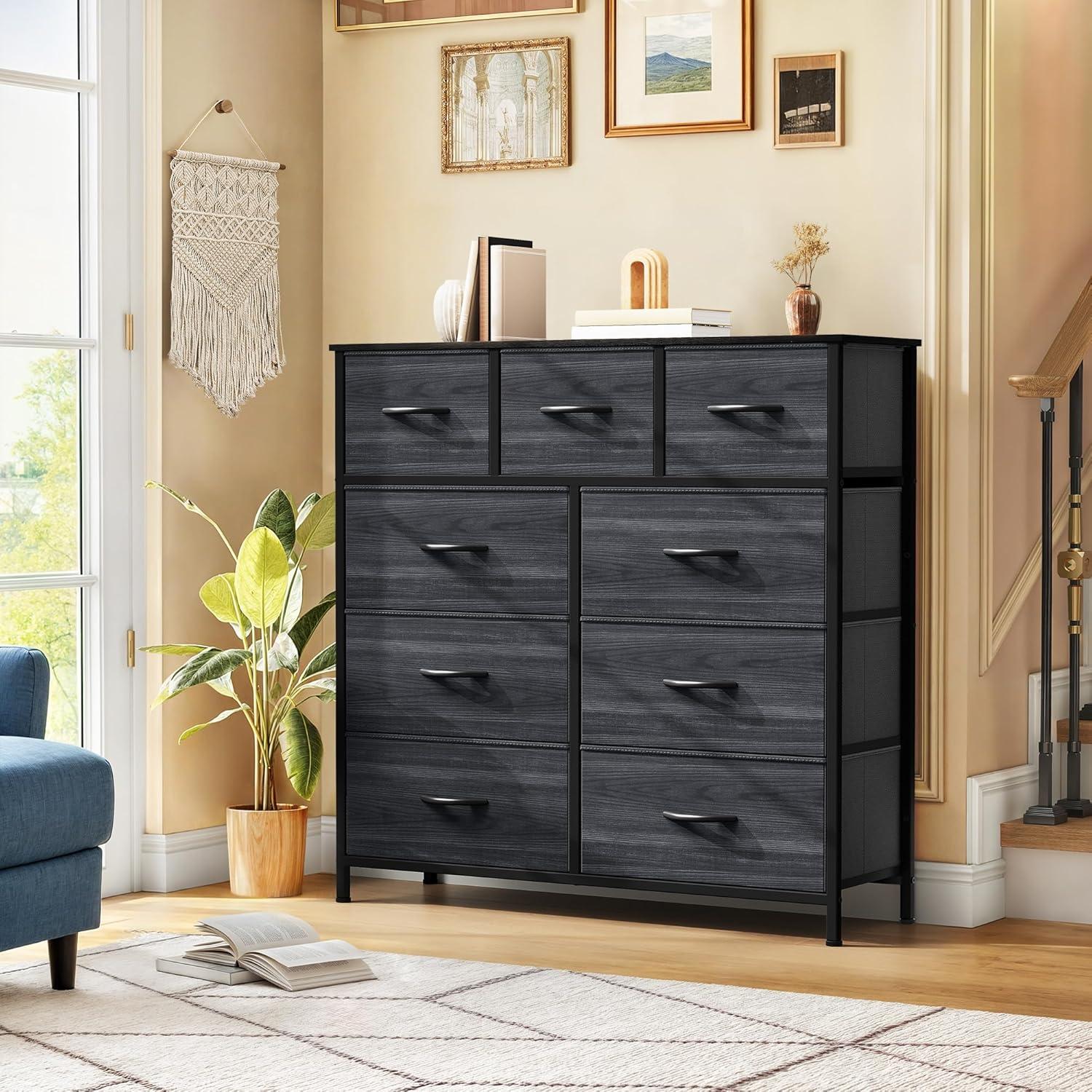 YITAHOME Dresser with 9 Drawers - Fabric Storage Tower, Organizer Unit for Living Room, Hallway, Closets - Sturdy Steel Frame, Wooden Top & Easy Pull Fabric Bins (Charcoal Black Wood Grain)
