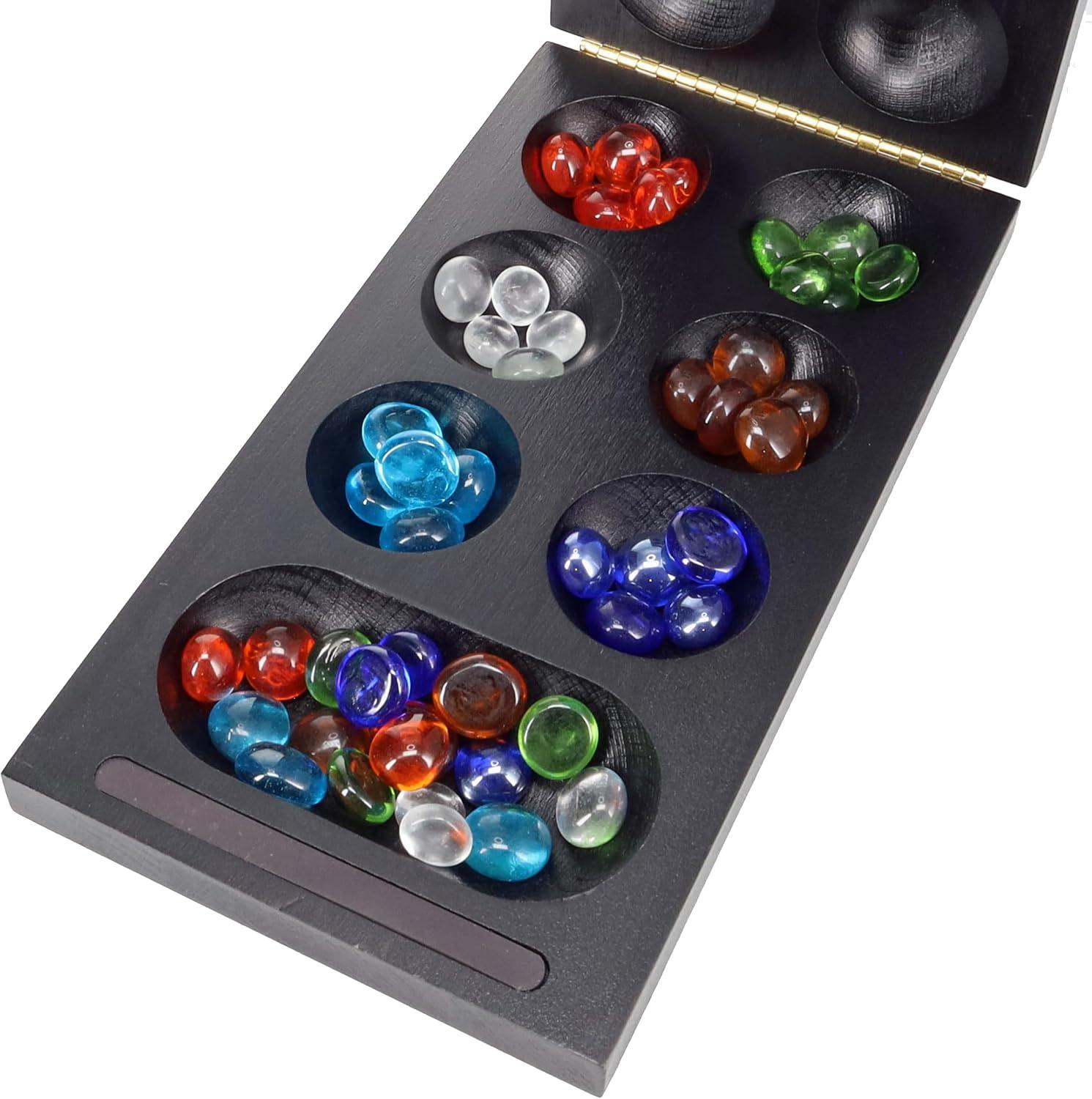 WE Games Folding Mancala - Solid Wood Board & Glass Stones
