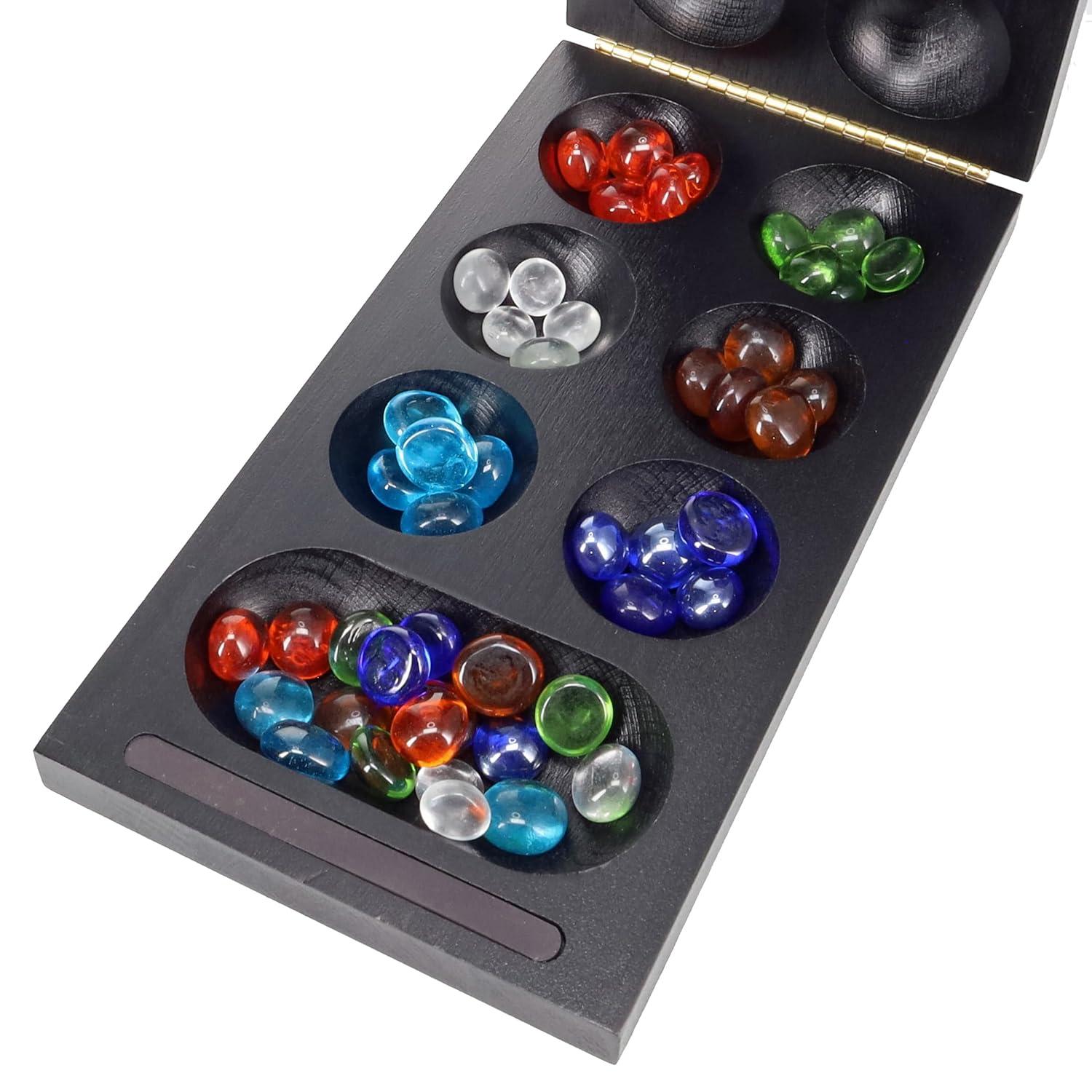 WE Games Folding Mancala - Solid Wood Board & Glass Stones