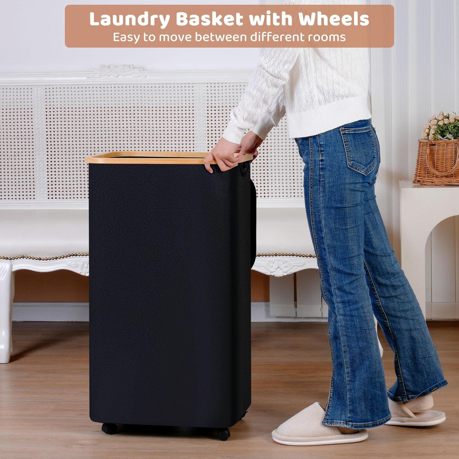 Large Laundry Hamper with Lid TeqHome 100L/26.4Gal Tall Laundry Basket with Bamboo Handles Collapsible Clothes Basket Organizer with Removable Inner Bag for Clothes Grey