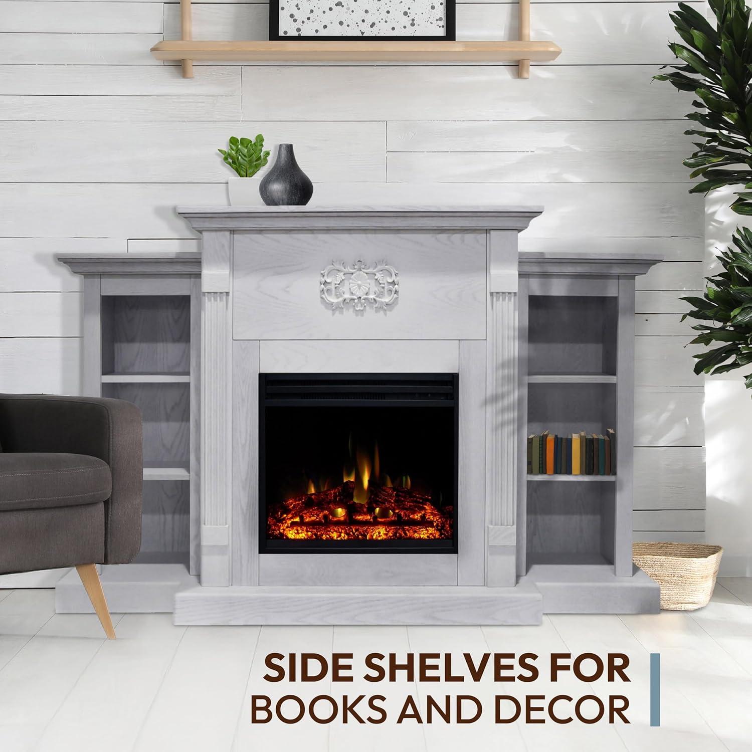 Cambridge Sanoma 72'' Electric Fireplace with Enhanced Charred Log Insert | Multi-Color Flame | For Rooms up to 210 Sq.Ft | Remote | Slate Blue Mantel | Adjustable Heat Settings