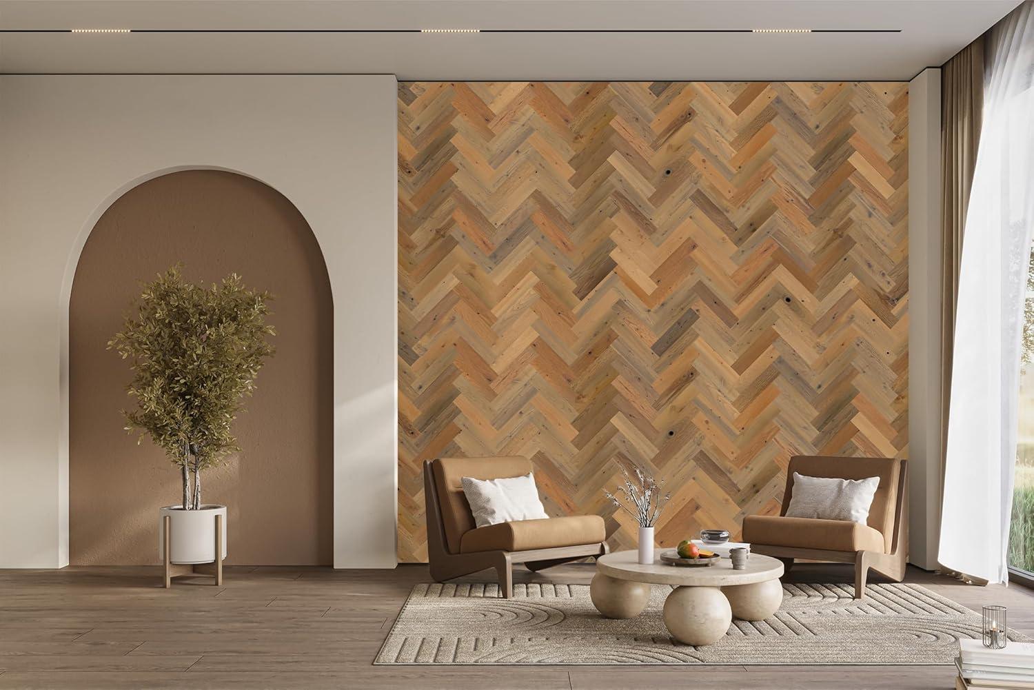 Timberchic River Reclaimed Wooden Wall planks - Simple Peel & Stick Wall Covering Application for DIY Accent Wall & Home Improvement - Premium Wall Paneling - Herringbone Pattern
