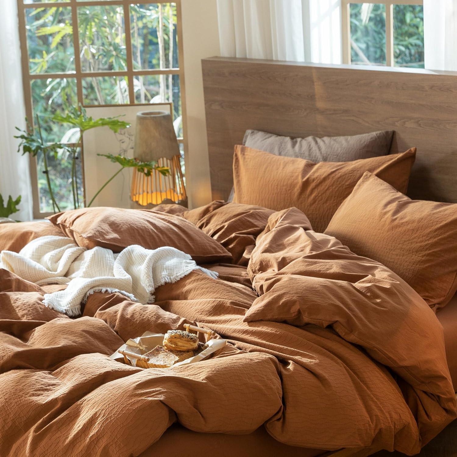 MOOMEE 100% Washed Cotton Linen Like Textured Duvet Cover Set