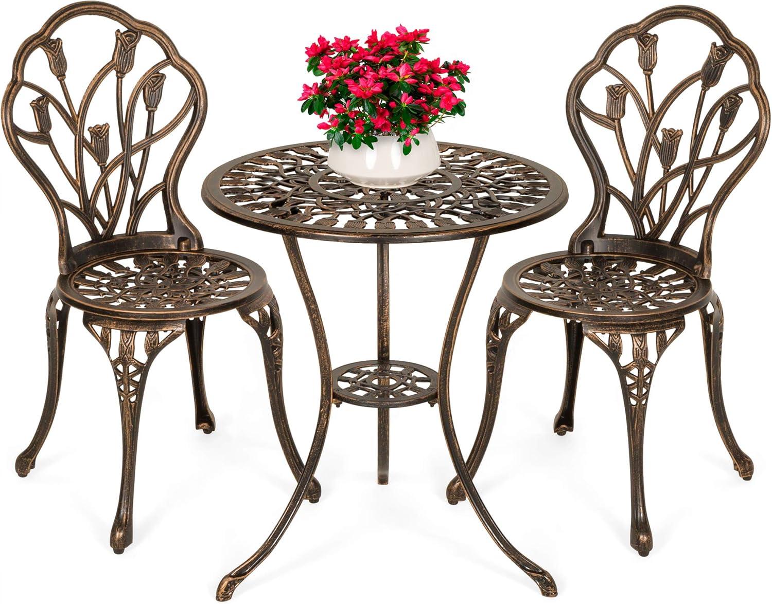 Copper Cast Aluminum 3-Piece Patio Bistro Set with Tulip Design