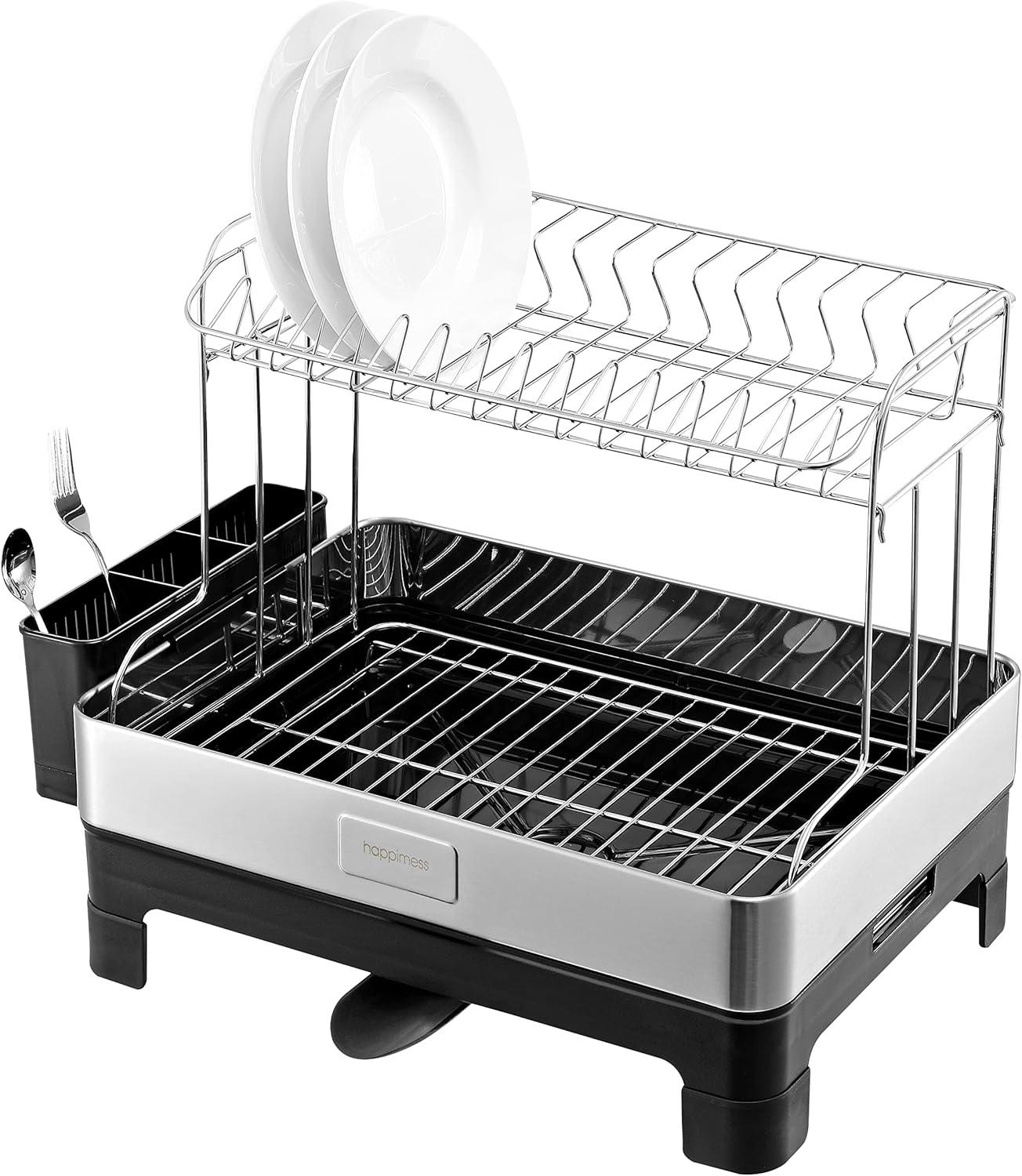 happimess Simple 20.75" Fingerprint-Proof Stainless Steel 2-Tier Dish Drying Rack with Swivel Spout Tray, Stainless Steel/Black