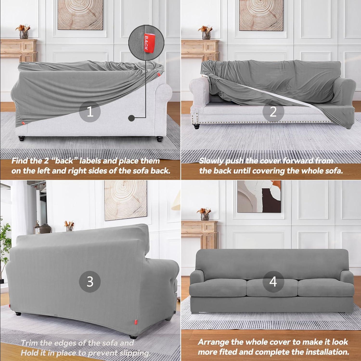 Light Grey Stretchable T Cushion Sofa Slipcover Set