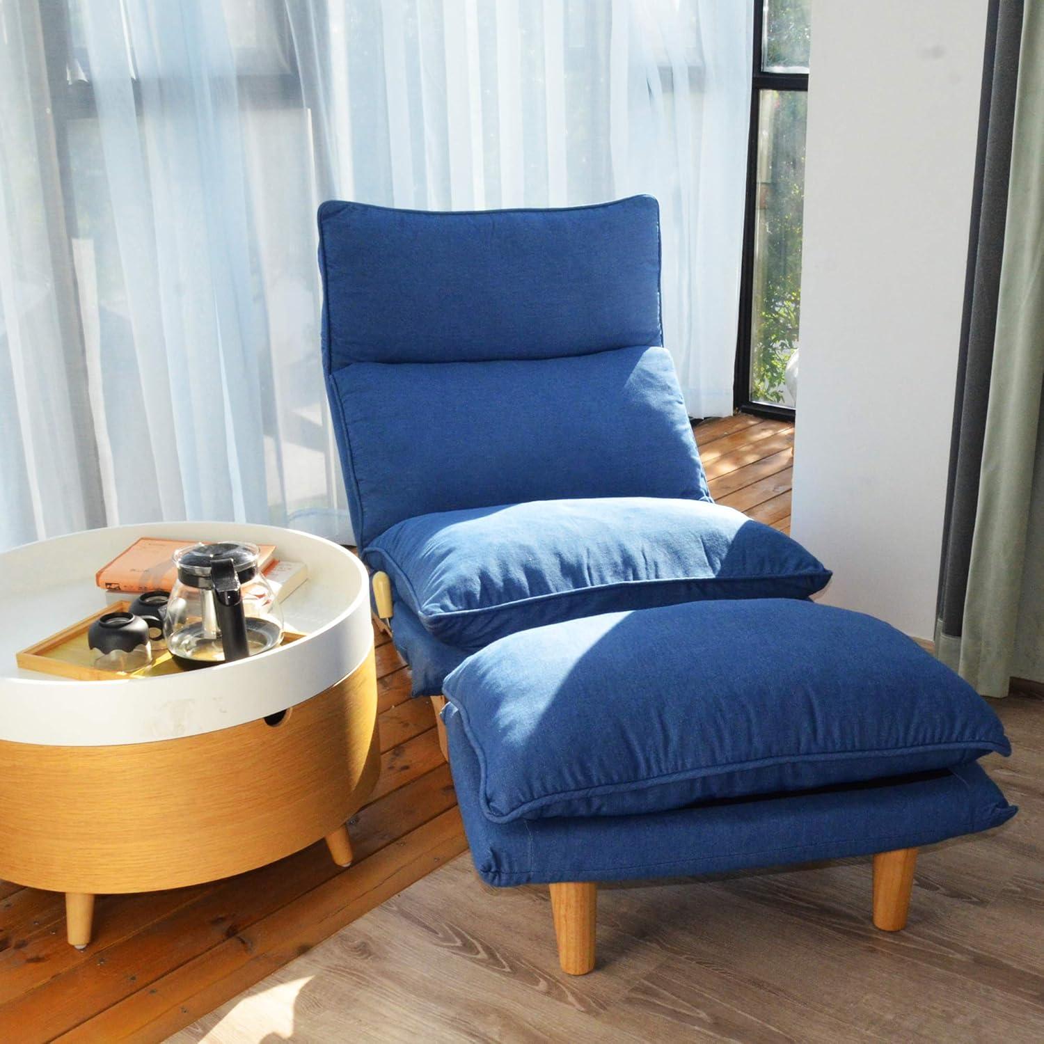 Lazy Chair with Ottoman, Modern Accent Lounge Chair Single Leisure Upholstered Sofa with Adjustable Back, Reading Chair for Living Room, Bedroom, Dark Blue