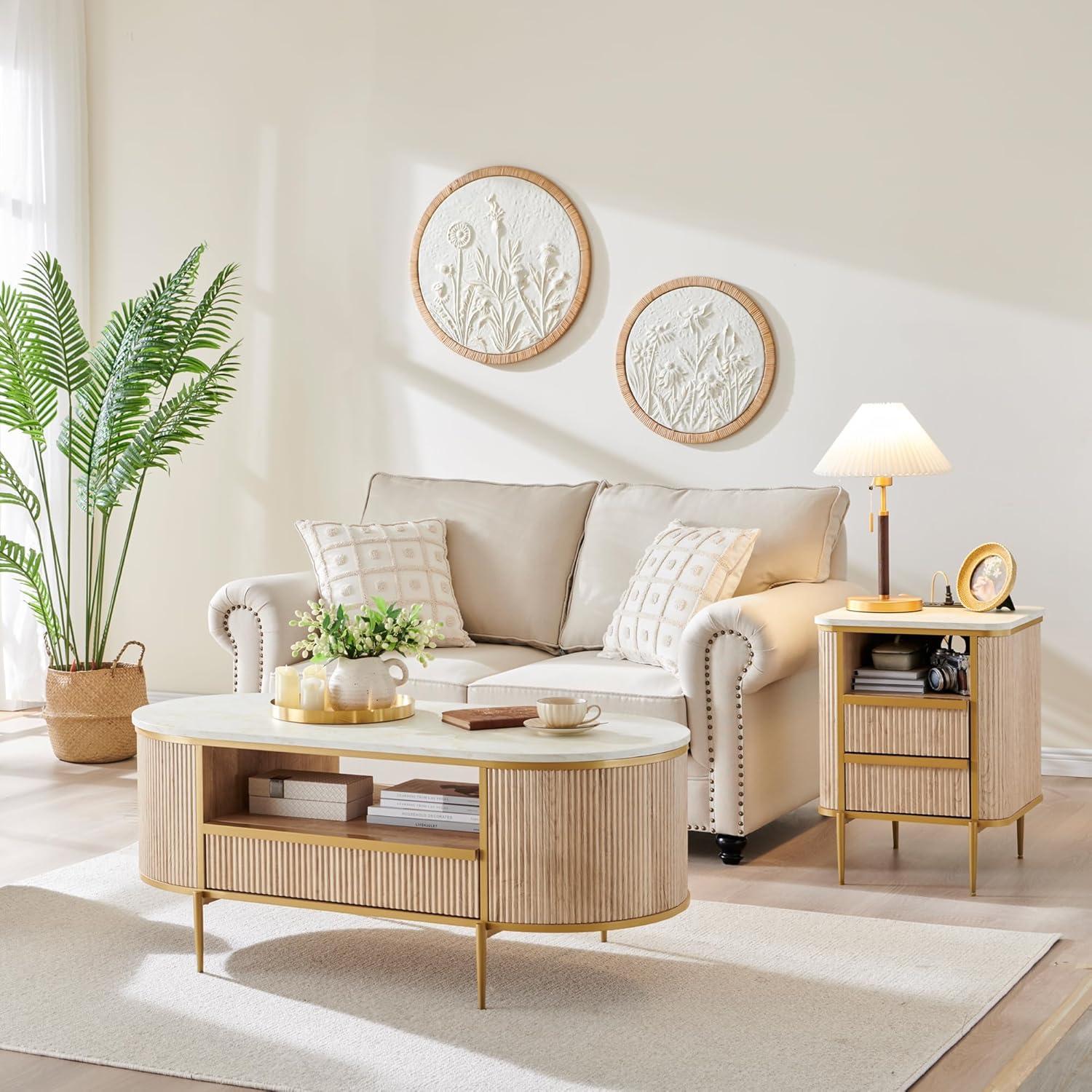 Everly Quinn Modern Fluted Coffee Table, 48" Oval Coffee Table with Drawer,Curved Profile Design,Center Table for Living Room