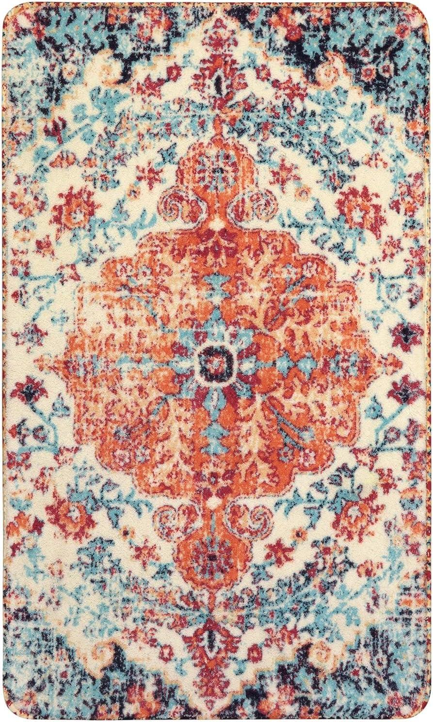 Moynesa 2'x3' Bohemian Area Rug,2x3ft Small Boho Washable Bathroom Entryway Kitchen Rug,Floral Medallion Non Slip Pet Friendly Vintage Throw Carpet for Front Door Sink Living Room Bedroom Orange