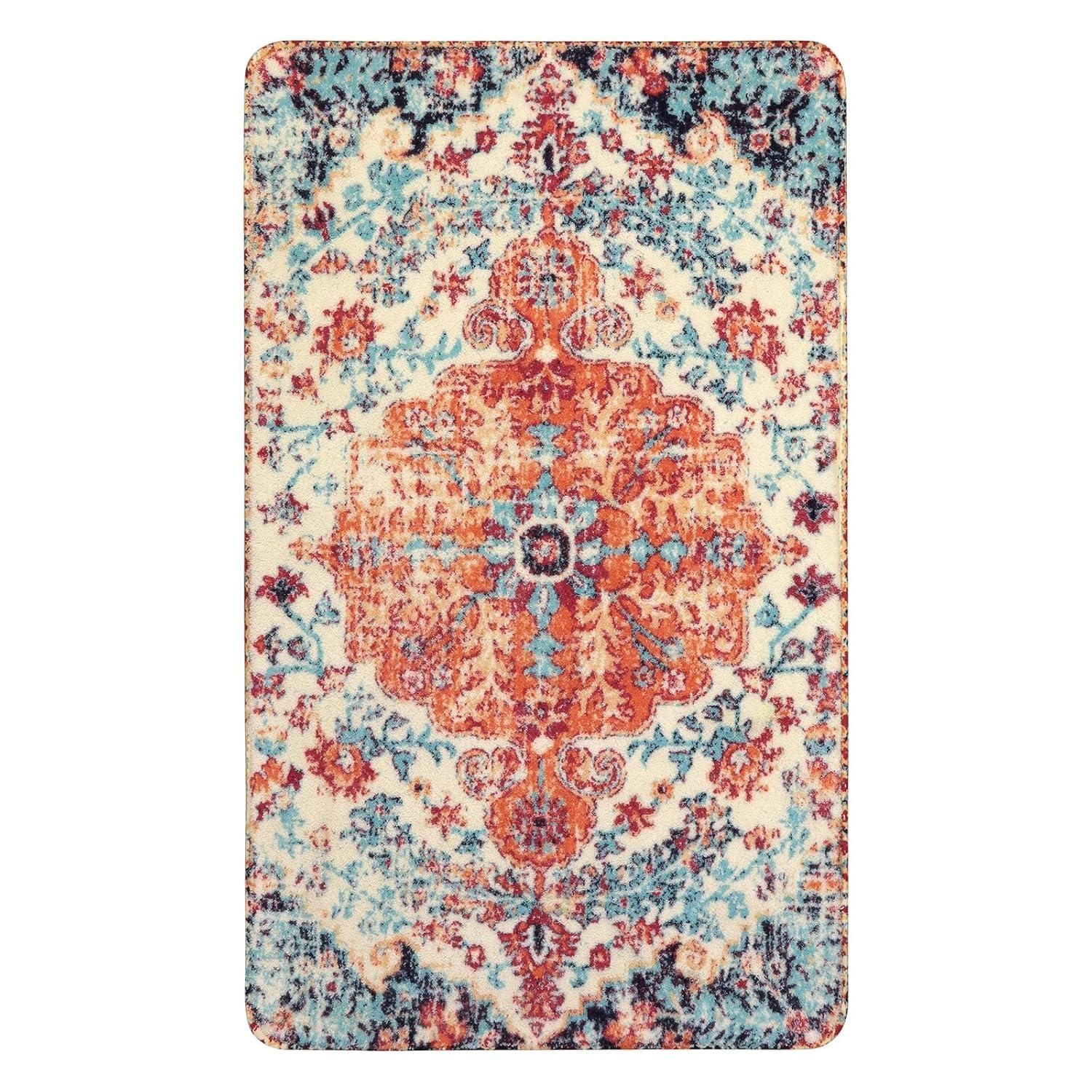 Moynesa 2'x3' Bohemian Area Rug, 2x3ft Small Boho Washable Bathroom Entryway Kitchen Rug,Floral Medallion Non Slip Pet Friendly Vintage Throw Carpet for Front Door Sink Living Room Bedroom, Orange