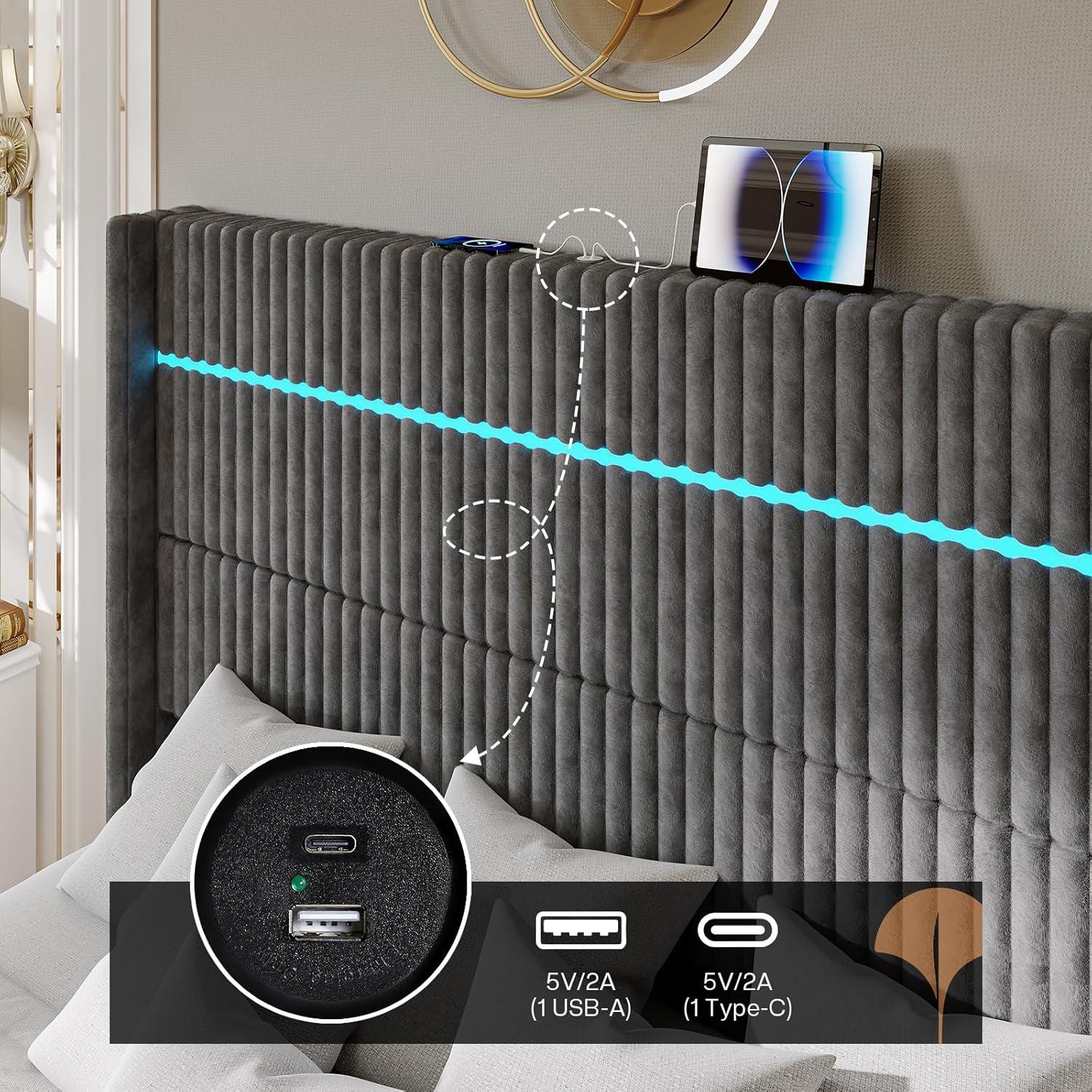 Ivy Bronx LED Bed Frame, Corduroy Upholstered Platform with 60" Tall Headboard & Charging Station