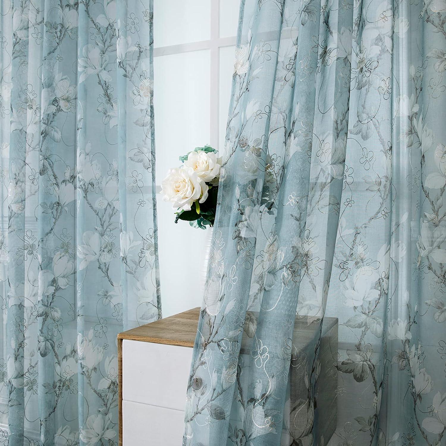 Tollpiz Floral Turquoise Sheer Curtain Flower Print Vine Embroidery Bedroom Curtains Rod Pocket Voile Window Curtain for Living Room, 54 x 95 inches Long, Set of 2 Panels