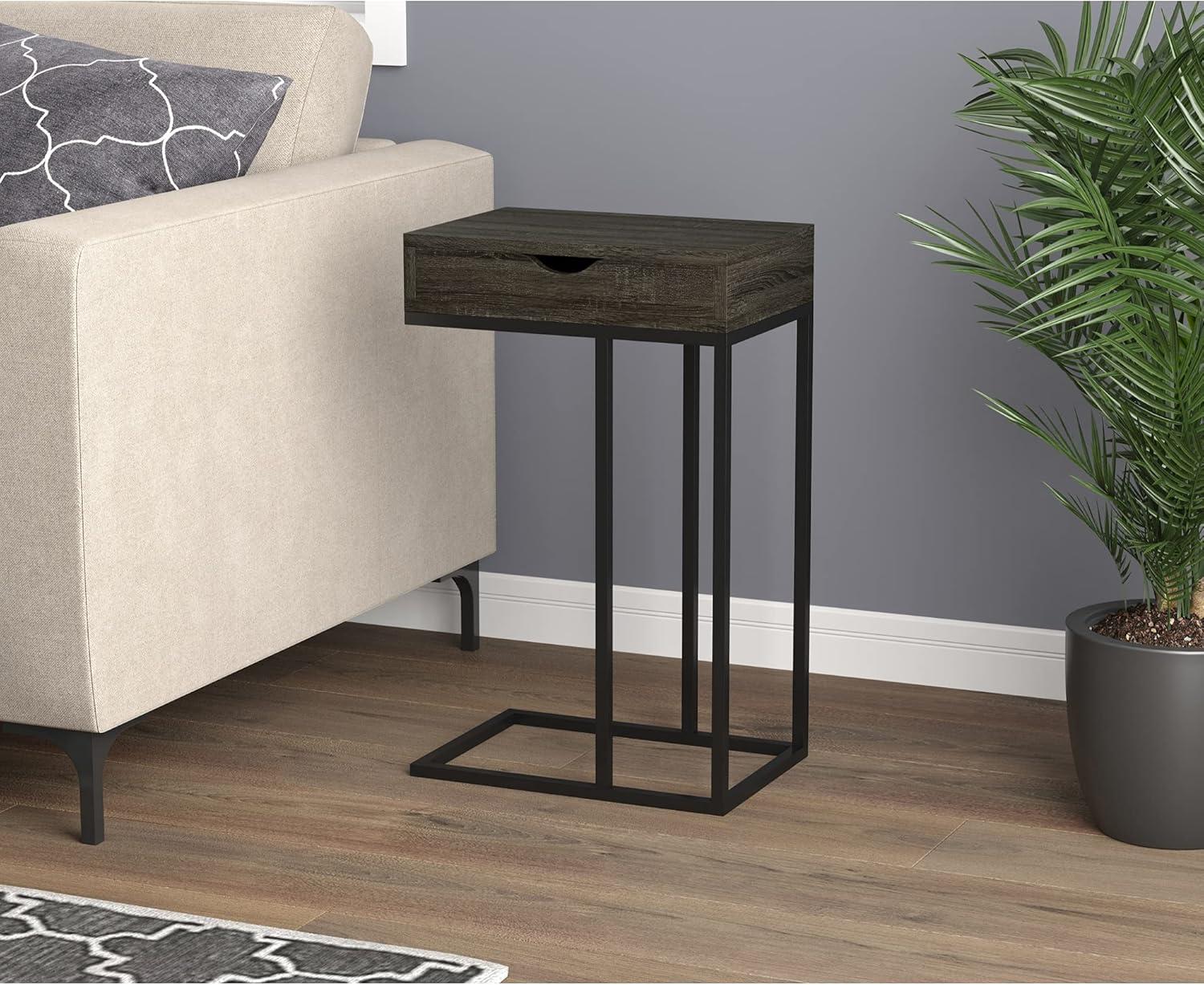 Modern Rectangular Grey Wood Black Metal End Table with Drawer