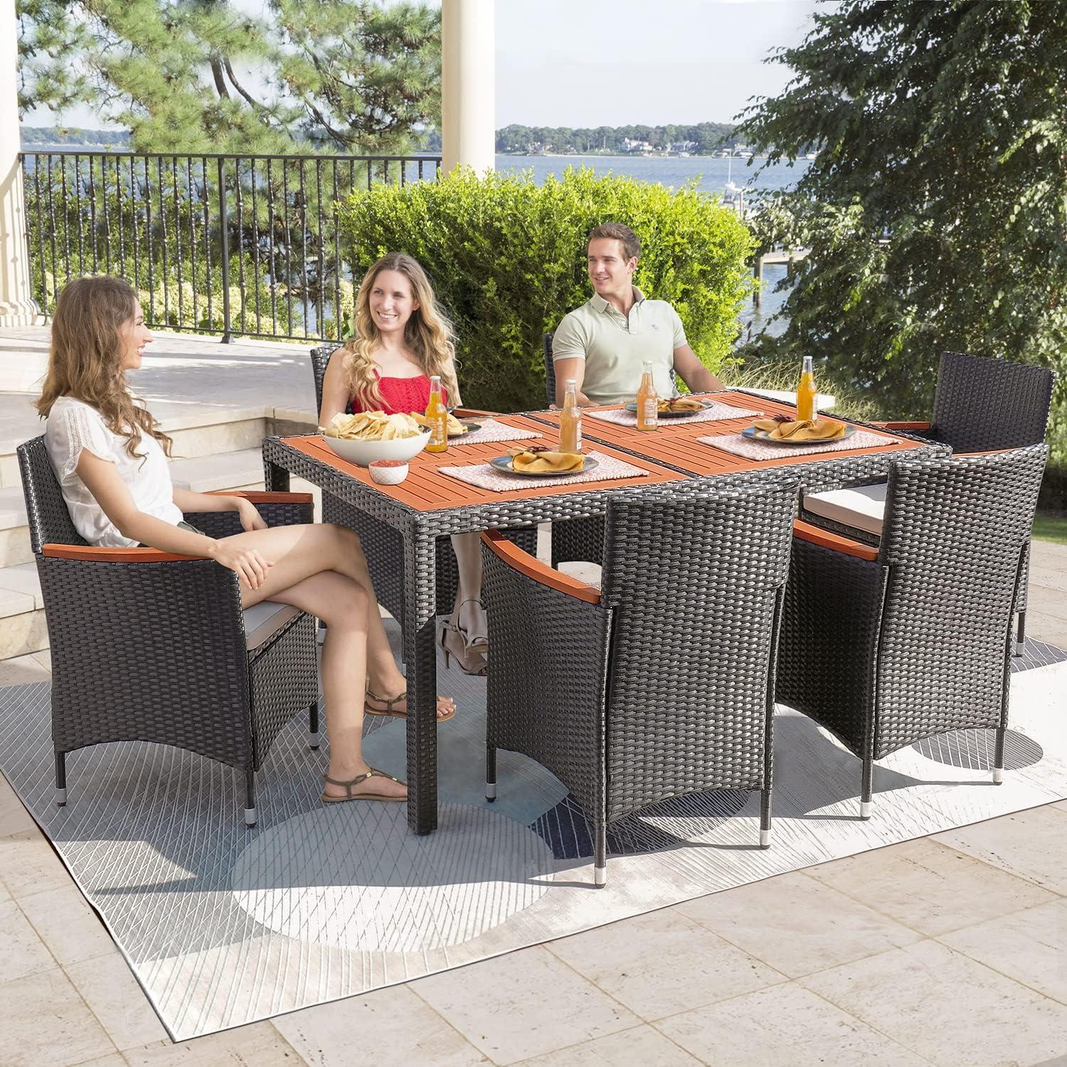 Zimtown 7 Piece Patio Dining Set, Outdoor Patio Conversation Set with Acacia Wood Table Top and Rattan Chairs and Soft Seat Cushions for Deck Backyard Garden, Black